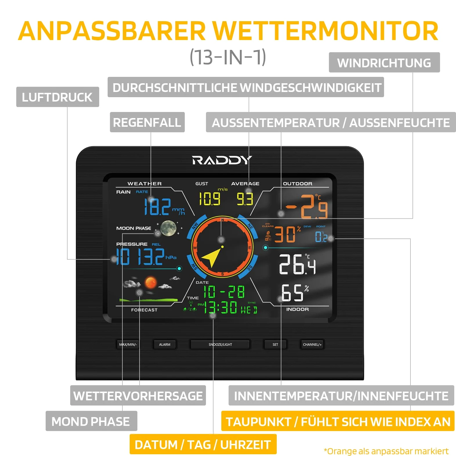 Raddy WF-100C Lite 13-IN-1 Bezprzewodowa stacja pogodowa do użytku wewnątrz i na zewnątrz, z temperaturą, ciśnieniem barometrycznym, wilgotnością, anemometrem, opadami, prognoza pogody, do domu,