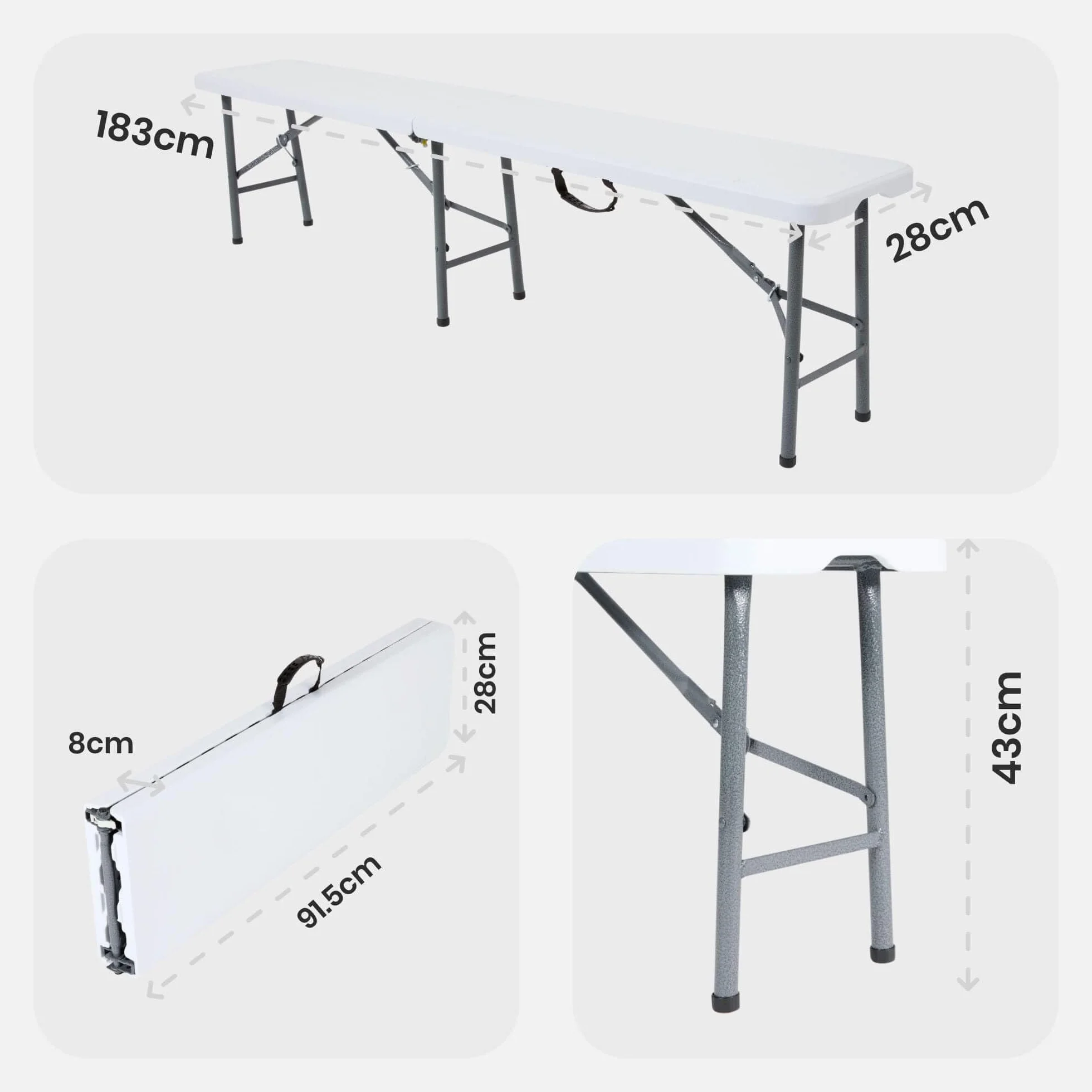 Arebos 2X Składana Ławka Piwna I Uchwyt do Przenoszenia | 183 x 28 x 43 cm Składana Ławka Camping Garden Party Ławka Campingowa Ławka Namiot Piwny, Ławka Ogrodowa, Ławka Zestaw 2 | Biały