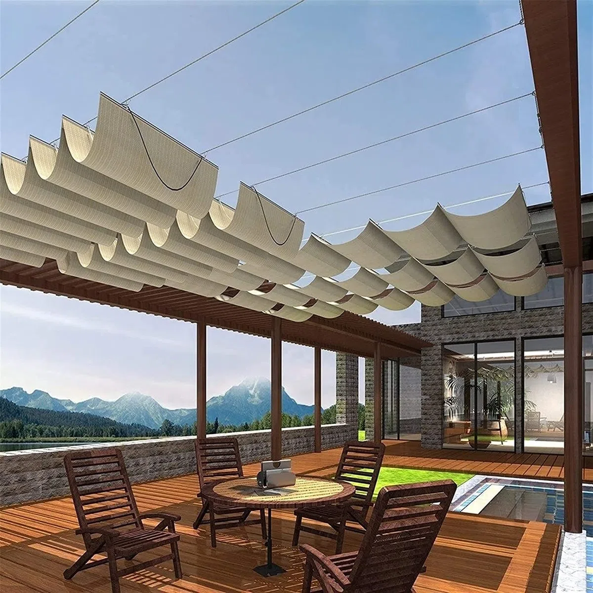 Żagiel przeciwsłoneczny, pergola w kształcie litery U, zwijana markiza do zawieszenia przewód do tarasu, ganku, patio, zadaszenie dołączone elementy (kolor: beżowy, rozmiar: 1,3 x 4 m)