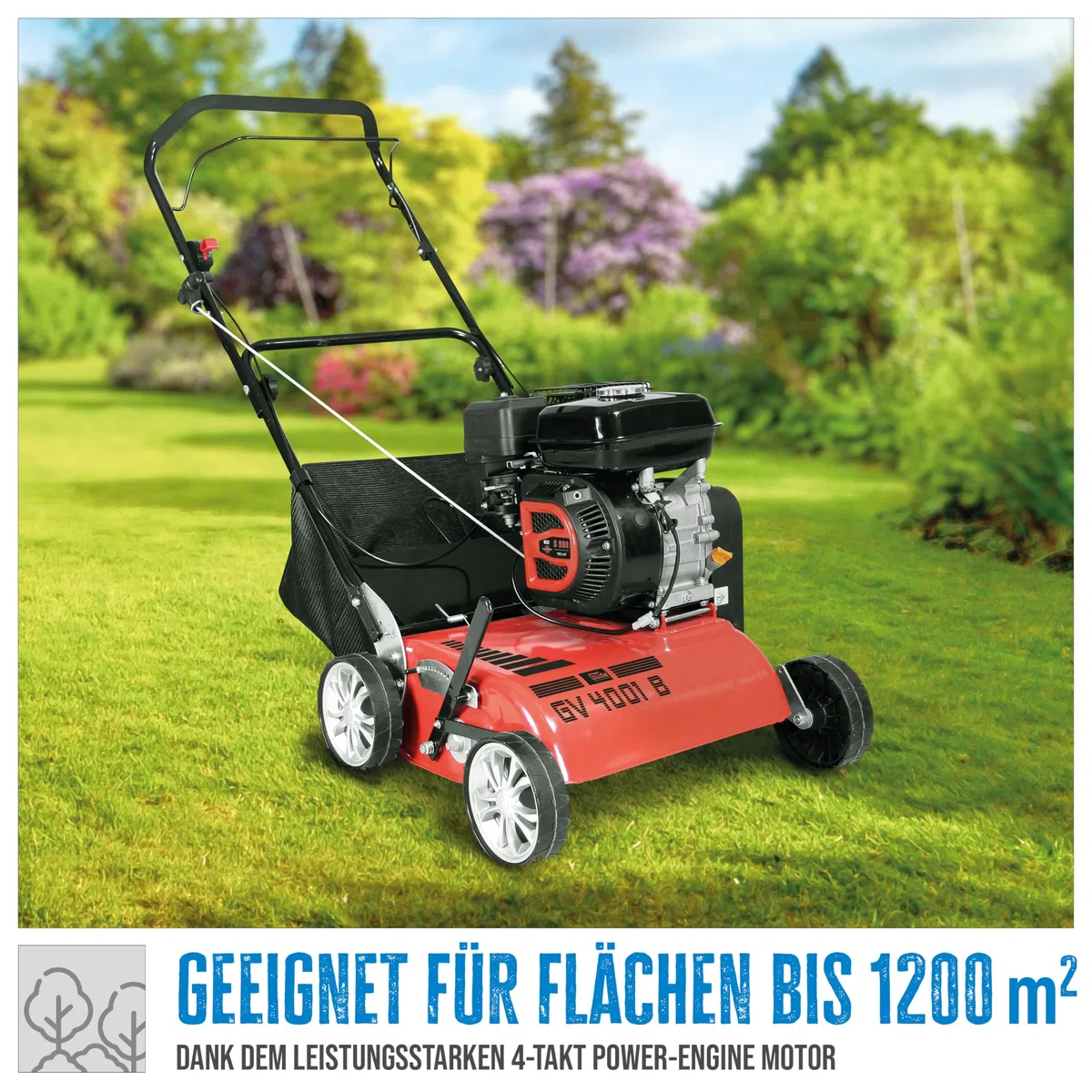Güde Wertykulator silnika GV 4001 B (4-suwowy Power-Engine S 580 V, moc silnika: 3,8/5,2 (kW/PS), szerokość robocza: 40 cm, worek na trawę 30 l, 7-stopniowa centralna regulacja wysokości roboczej, w