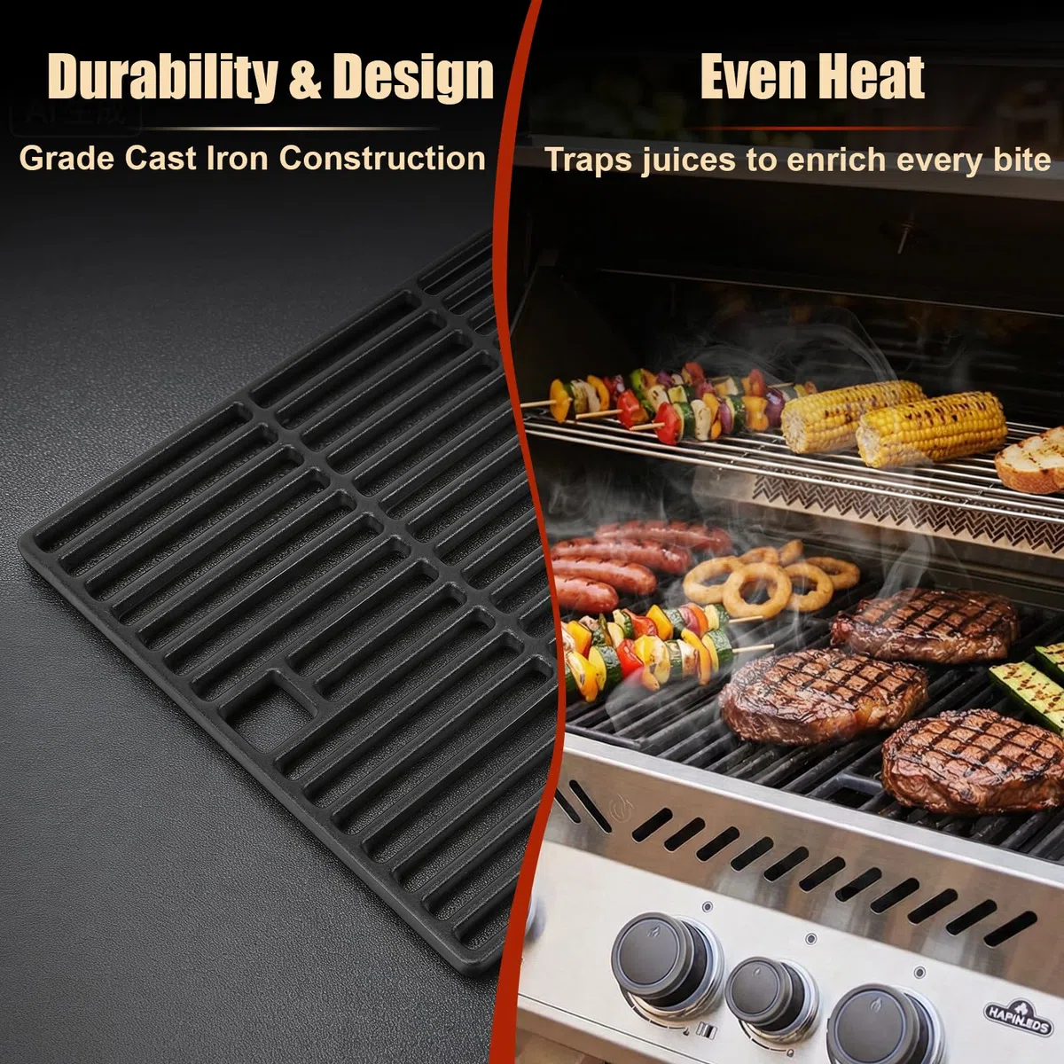 Denmay Żeliwny ruszt do grillowania do Rösle Videro G4-S, Enders Kansas Pro 4, Napoleon Rogue 525, żeliwny ruszt do grillowania, zamiennik do Mr Gardener Kingman 4, 2 sztuki