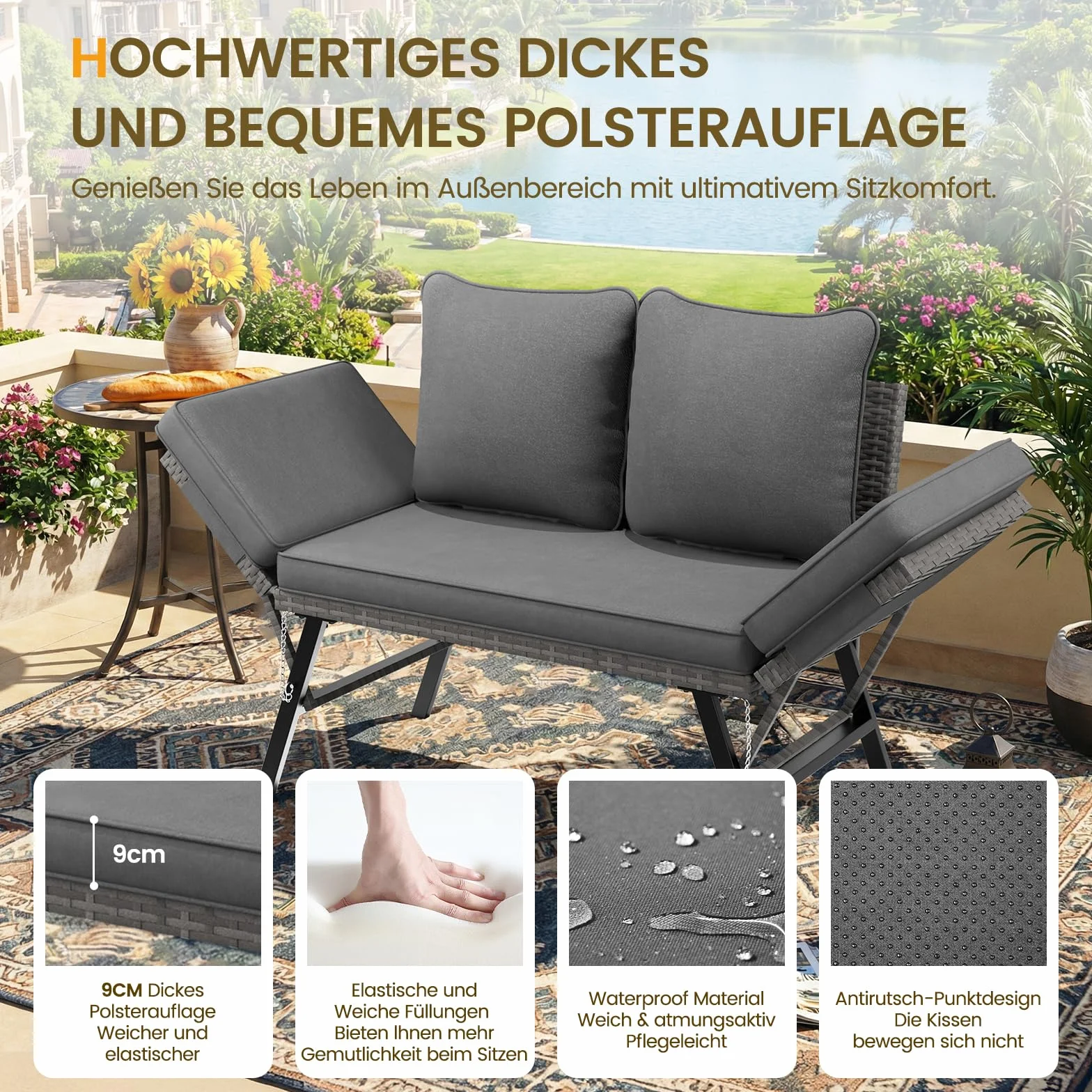 UDPATIO Polyrattan Ławka ogrodowa odporna na warunki atmosferyczne z funkcją leżakową, sofa balkonowa 3 w 1, funkcja regulacji z dodatkowo grubymi poduszkami siedzisk i poduszkami na podłokietniki do