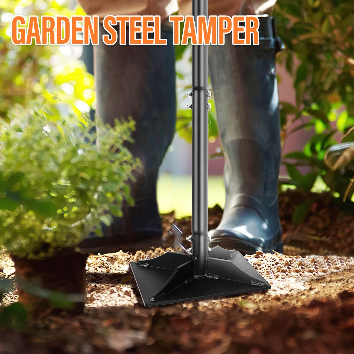 Stalowy tamper ogrodowy z uchwytem 117 cm, narzędzie do ubijania ziemi 24,9 cm x 18 cm, trwałe narzędzie do ubijania gruntu, wytrzymałe, idealne narzędzie do poziomowania gleby, żwiru, asfaltu,