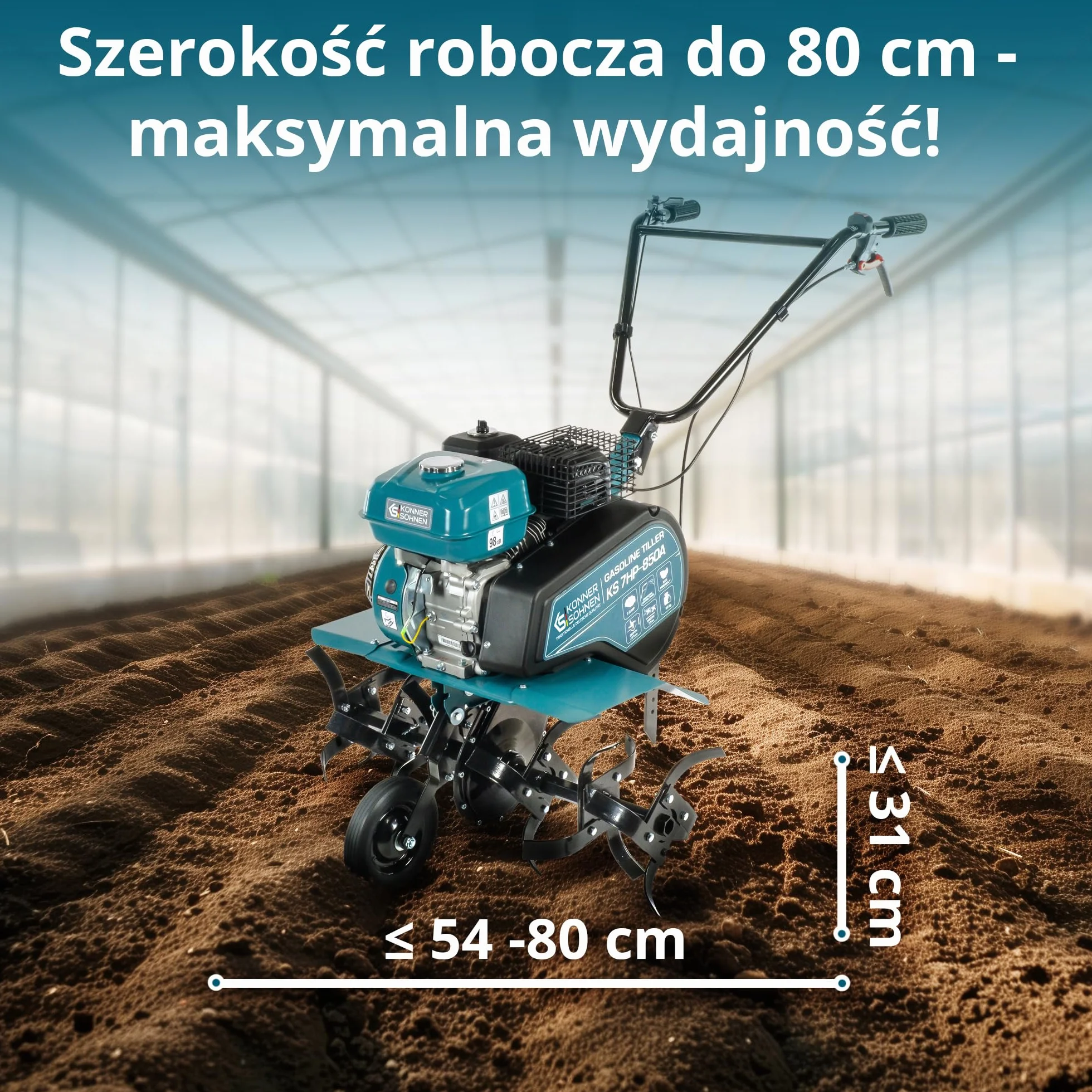 Glebogryzarka Benzynowa Könner & Söhnen KS 7HP-850A Kultywator Spalinowy z Paskiem, Napędem łańcuchowym, Kute Nożyce Szablaste, Regulowany Otwieracz, Szerokość Robocza ≤ 80 cm, Głębokość Robocza ≤ 31 cm, Moc Silnika 7,0 KM