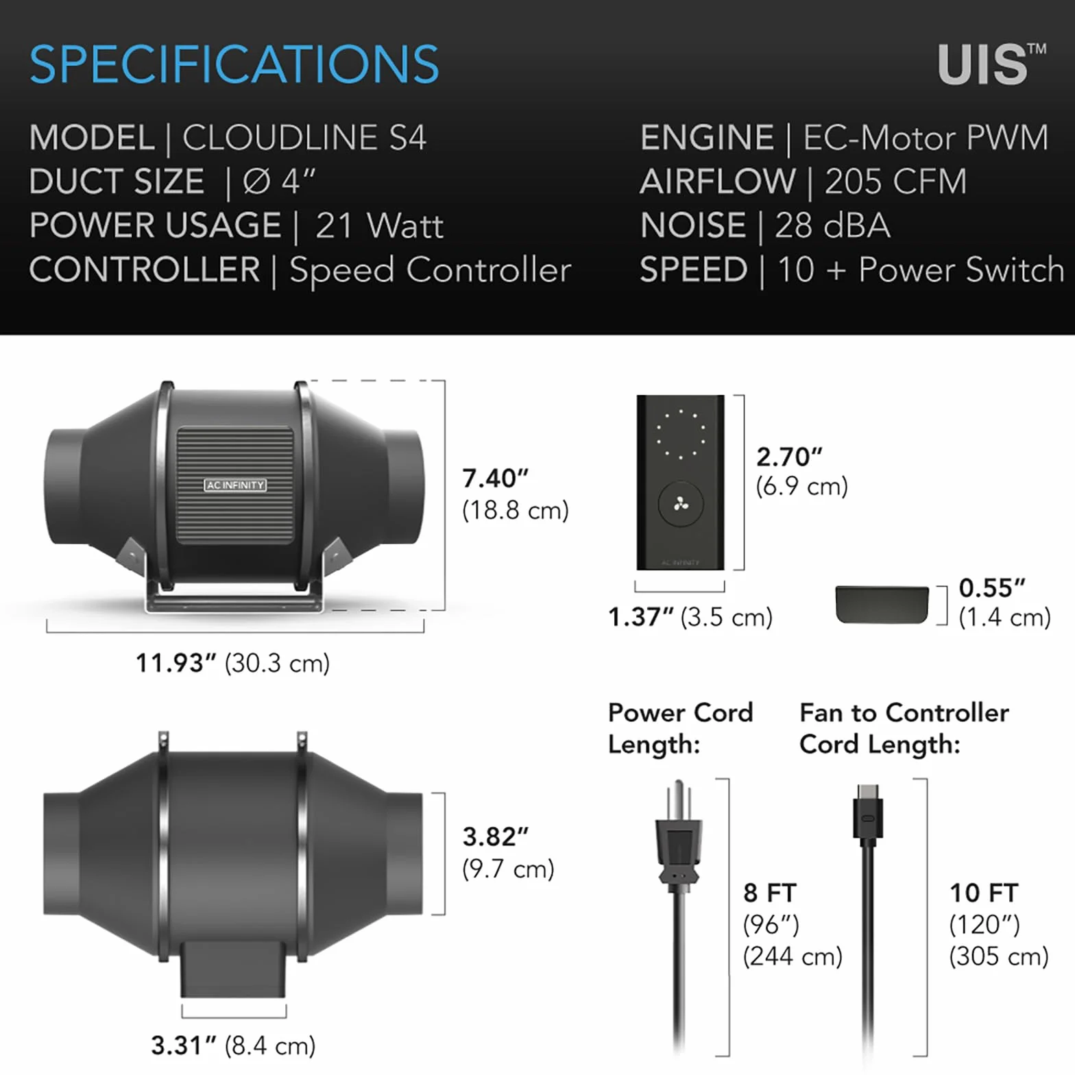 AC Infinity CLOUDLINE S4 cichy wentylator z regulatorem prędkości wentylacji, do chłodzenia i hydroponicznych namiotów, 10 cm