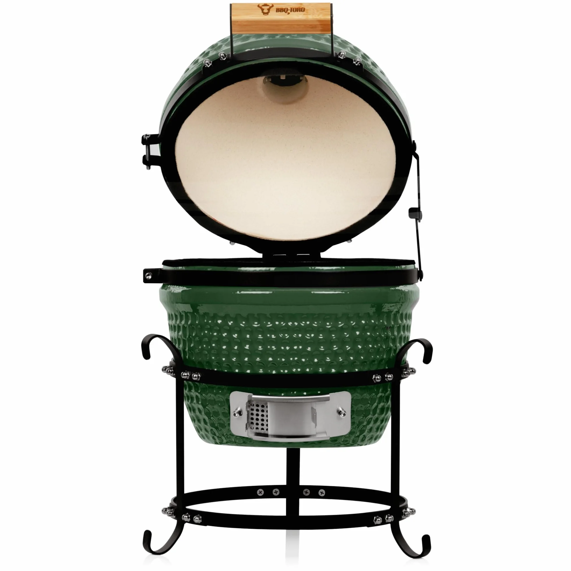 BBQ-Toro Kamado Grill Haiiro grill na węgiel drzewny, Ø 32 cm, zielony, mini grill na węgiel drzewny z termometrem i drewnianymi uchwytami, ceramiczny grill okrągły, ceramiczny grill, jajko, wędzarnia