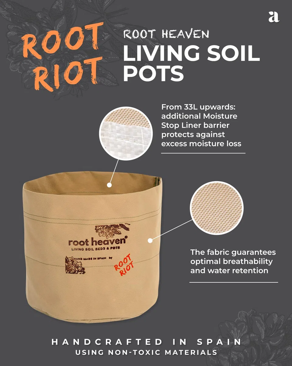 Root RIOT: Root Heaven Pot – Living Soil doniczka materiałowa ze 100% polipropylenu do uprawy konopi – optymalna wentylacja i lepszy wzrost korzeni (500 l)