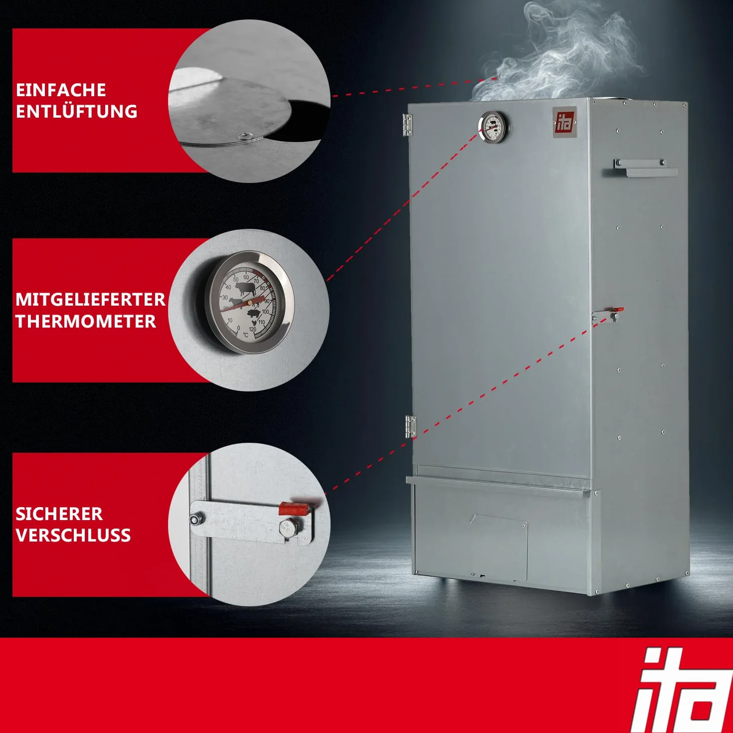 ITA Elektryczny piec wędzarniczy 7001 – zestaw do wędzenia z ogrzewaniem, generator dymu – szafka wędzarnicza z termometrem – stal stopowa – jakość UE, bezpośrednio od producenta – 81 cm z 3 poziomami