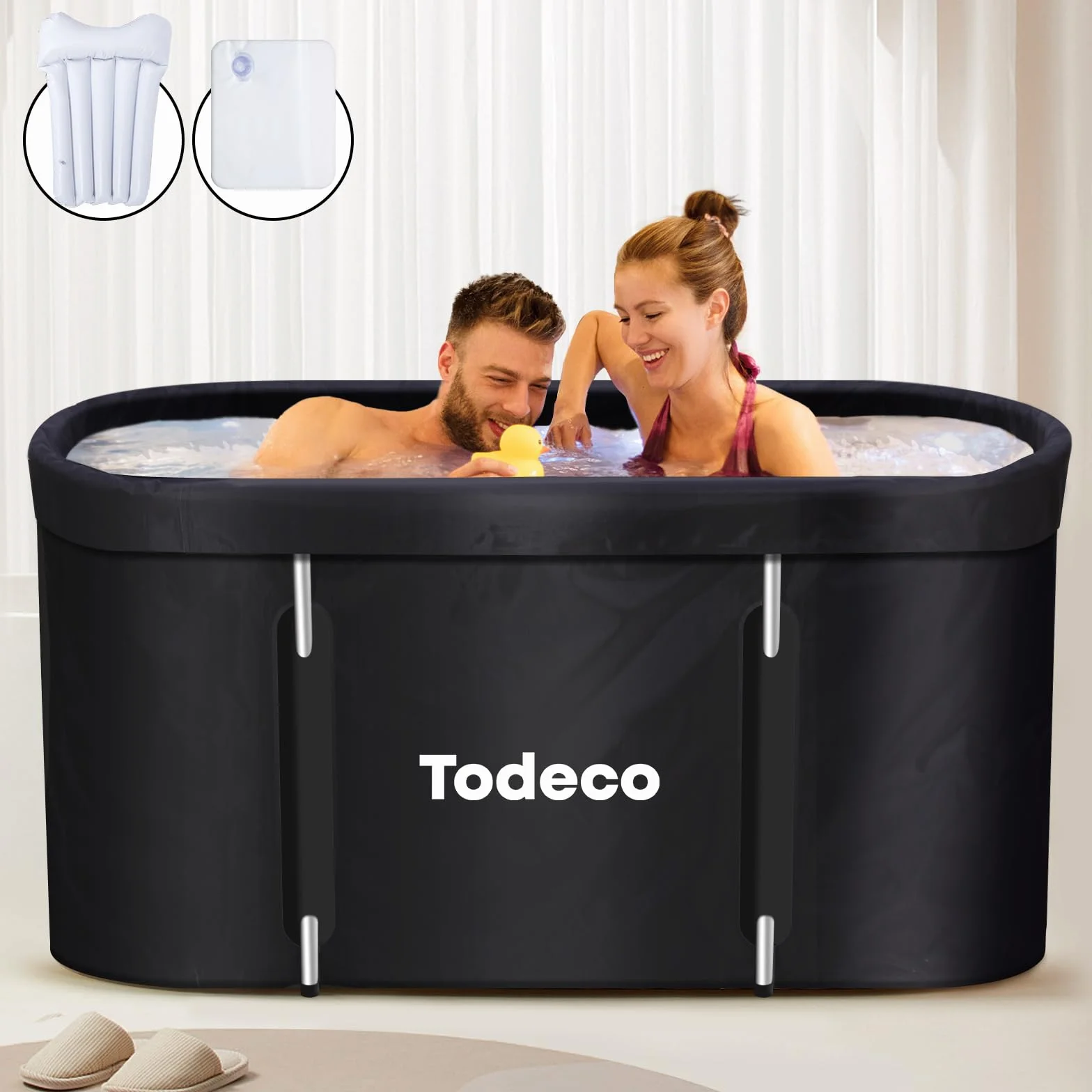 Todeco Składana wanna, przenośna wanna dla dorosłych z metalową ramą, 120 x 55 x 50 cm, duża rodzinna wanna do SPA, mobilna wanna spa do prysznica, gorącej kąpieli, czarna
