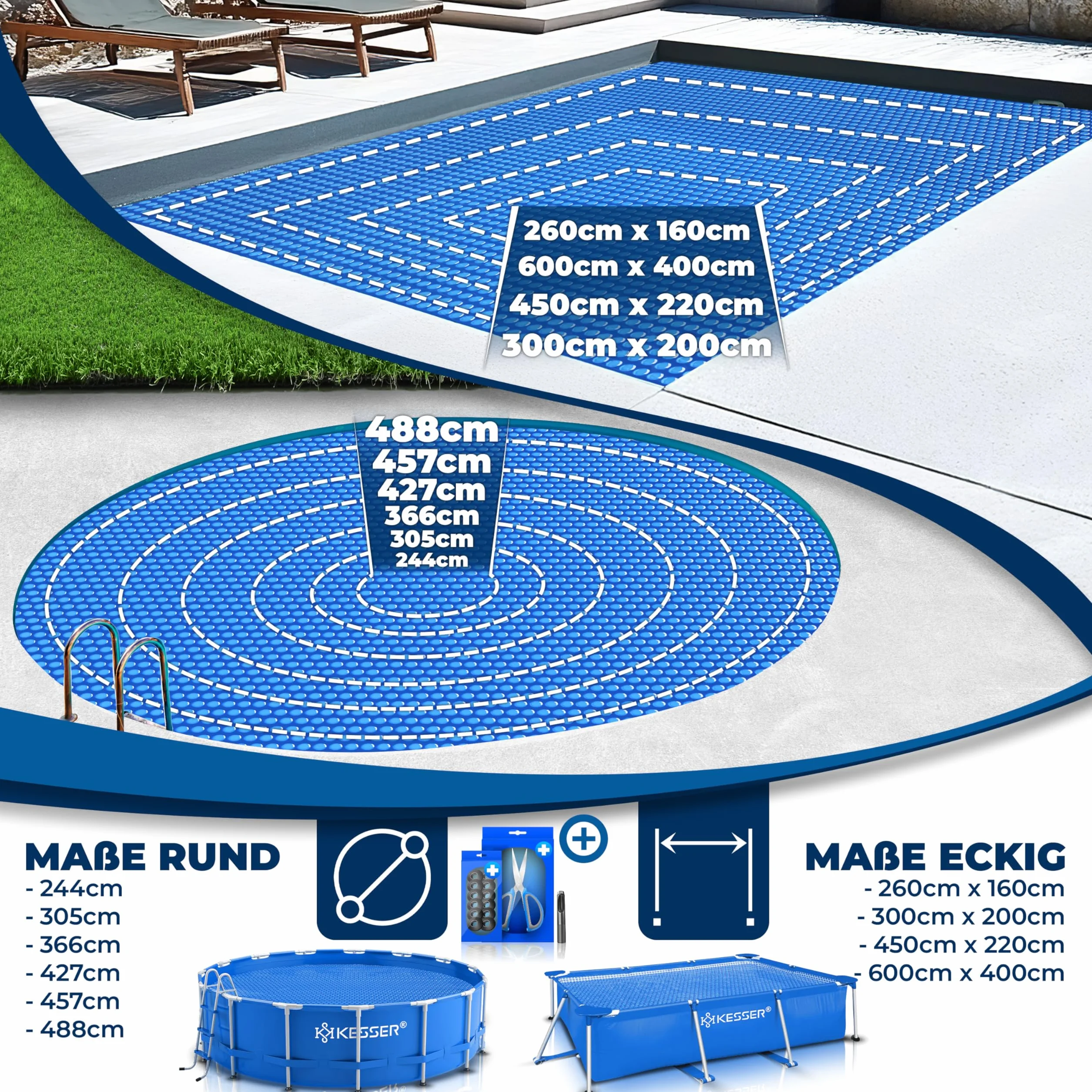 KESSER® Folia solarna do basenu 400 µm, prostokątna, 732 x 366 cm, osłona basenu, elastyczna możliwość przycięcia, plandeka basenowa do podgrzewania wody, osłona solarna z nożyczkami, szczypcami do