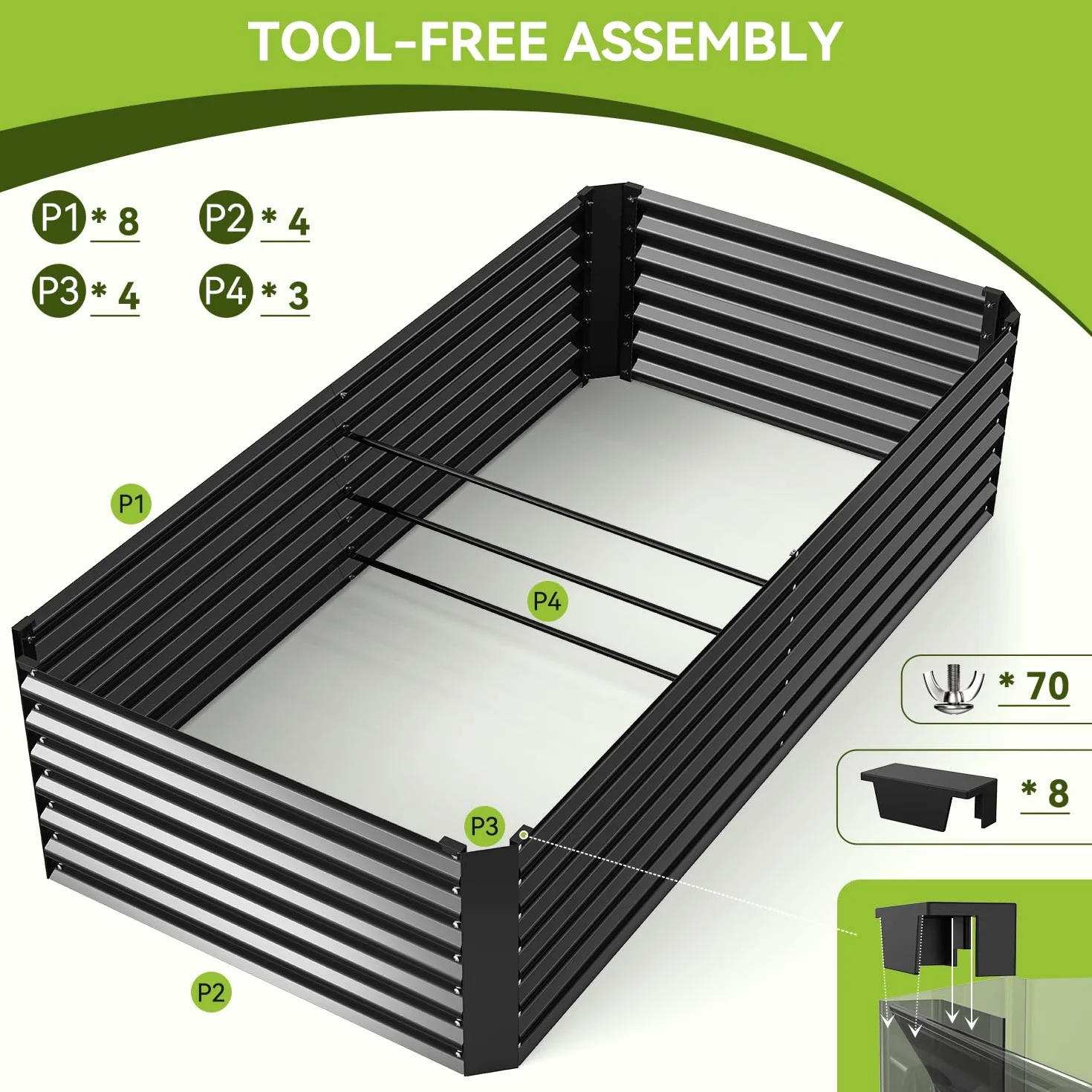 Ohuhu Podwyższona grządka metalowa, 240 x 120 x 54 cm, podwyższona grządka do ogrodu z wytrzymałej blachy stalowej o stabilnej konstrukcji, ochrona przed rdzą i długą trwałością – idealna do warzyw