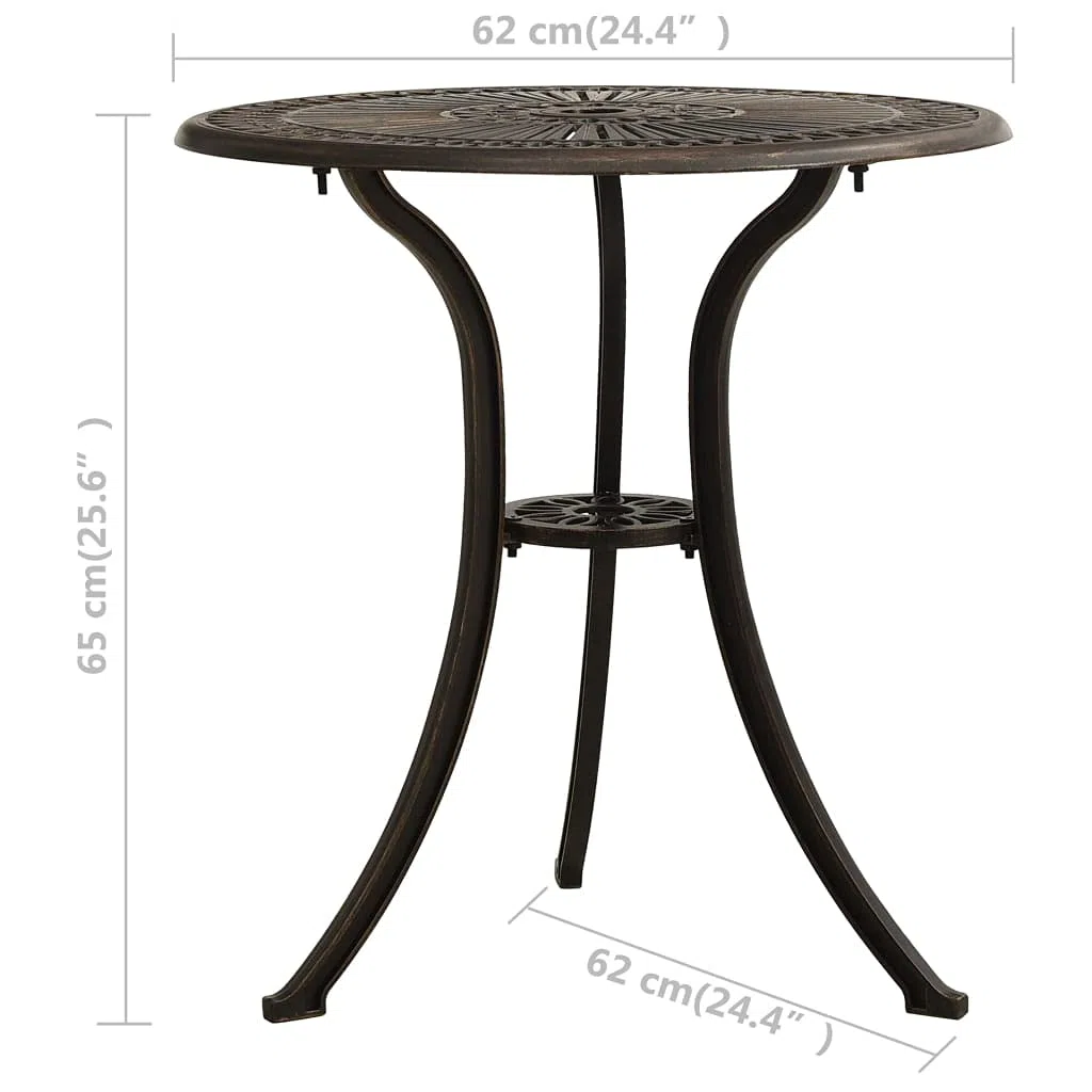Générique Brązowy stół ogrodowy 62x62x65 cm z odlewanego aluminium, stabilny i solidny stół zewnętrzny z otworem na parasol na patio