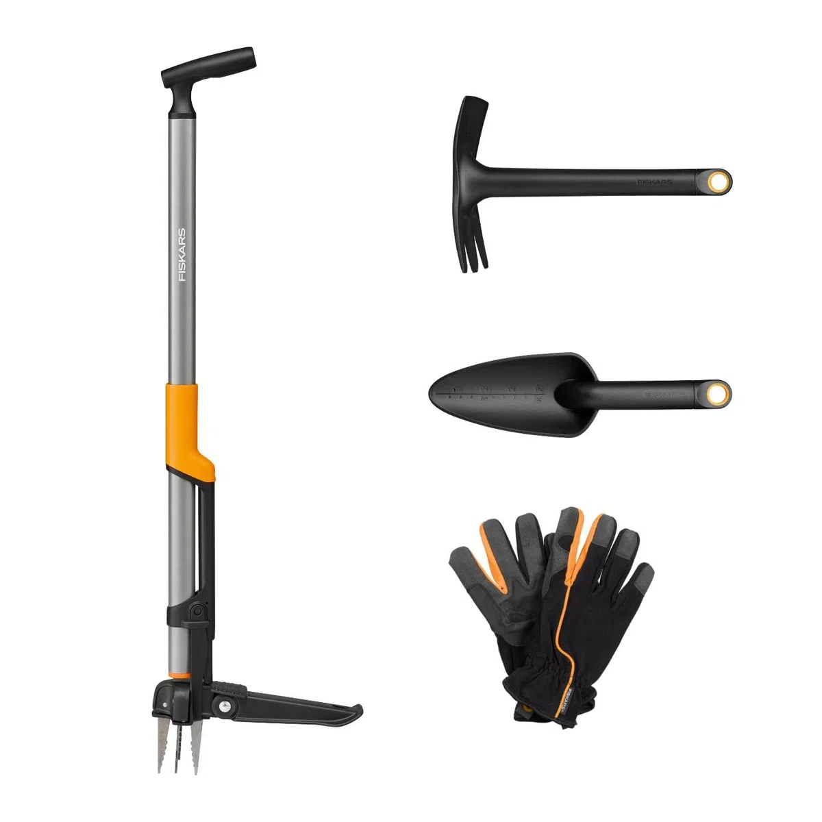 Fiskars Ergonomic Weed Puller + Hoe + Trowel + Garden gloves eCom