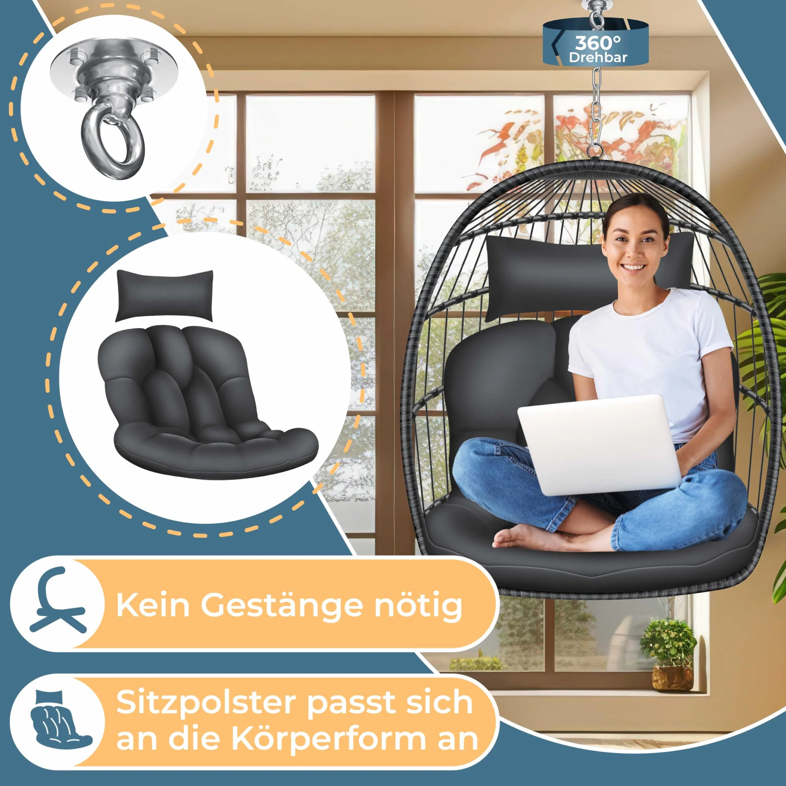 KESSER Fotel wiszący Jungle ze stelażem stalowy kosz wiszący duża poduszka uchwyt na sufit