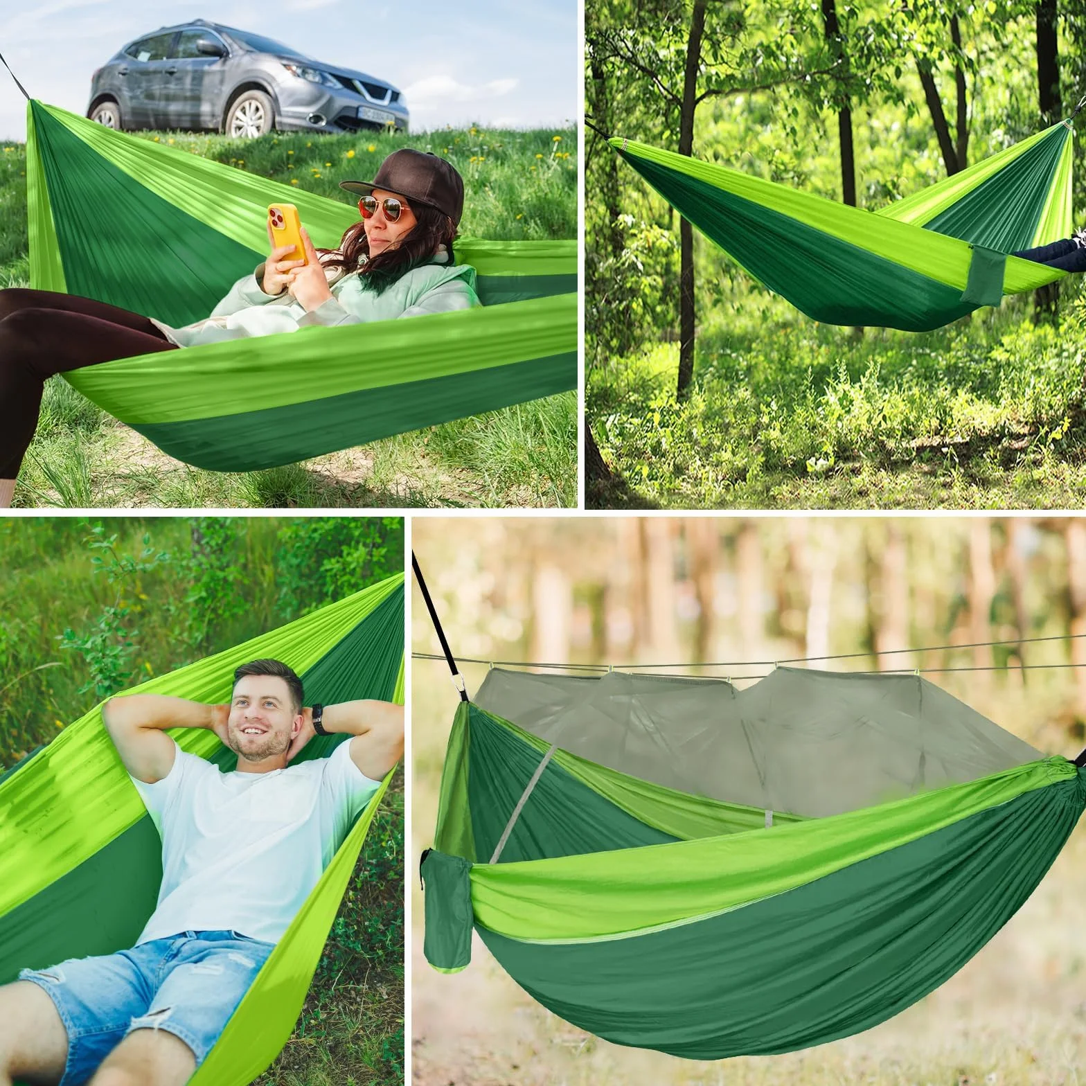 CIRULLI Hamak z moskitierą 260 x 140 cm, nośność 300 kg, ultralekki i wytrzymały, podwójny nylon spadochronowy, hamak outdoorowy, kemping, do ogrodu, w zestawie