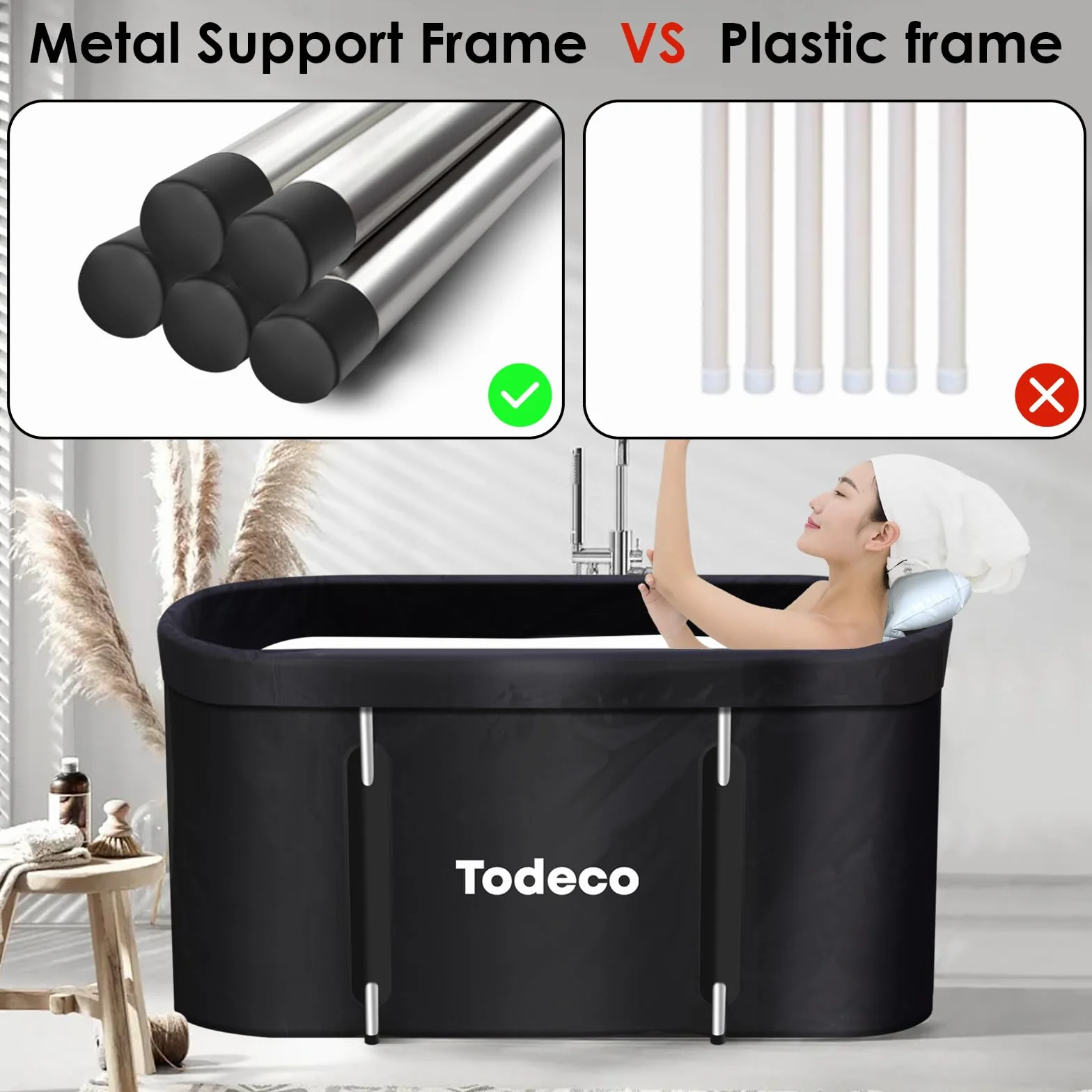 Todeco Składana wanna, przenośna wanna dla dorosłych z metalową ramą, 120 x 55 x 50 cm, duża rodzinna wanna do SPA, mobilna wanna spa do prysznica, gorącej kąpieli, czarna
