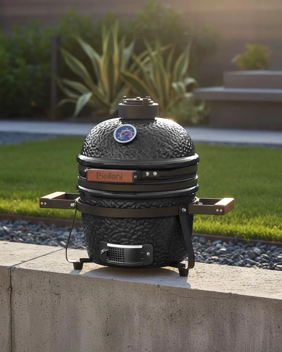 Ogrodowy mini grill węglowy ceramiczny przenośny z pokrywą termometerem rusztem czarny Kamado