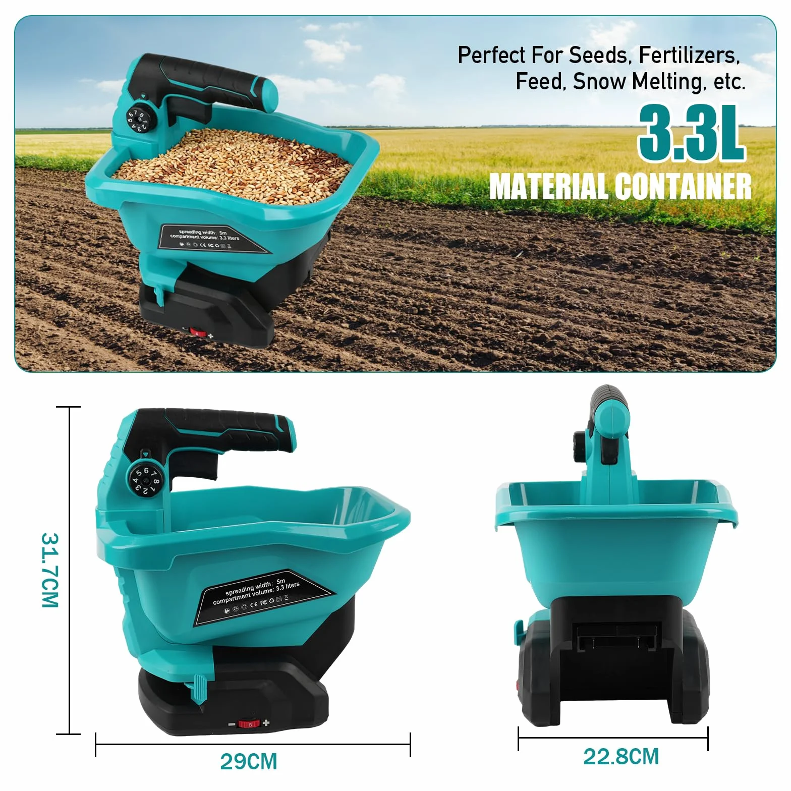 Bezprzewodowy rozrzutnik nasion for Makita 18V, elektryczny rozsiewacz ręczny 3,3L z 8 regulowanymi szerokościami rozproszenia i 6 poziomami przepływu, do nasion, nawozów i środków przeciw chwastom