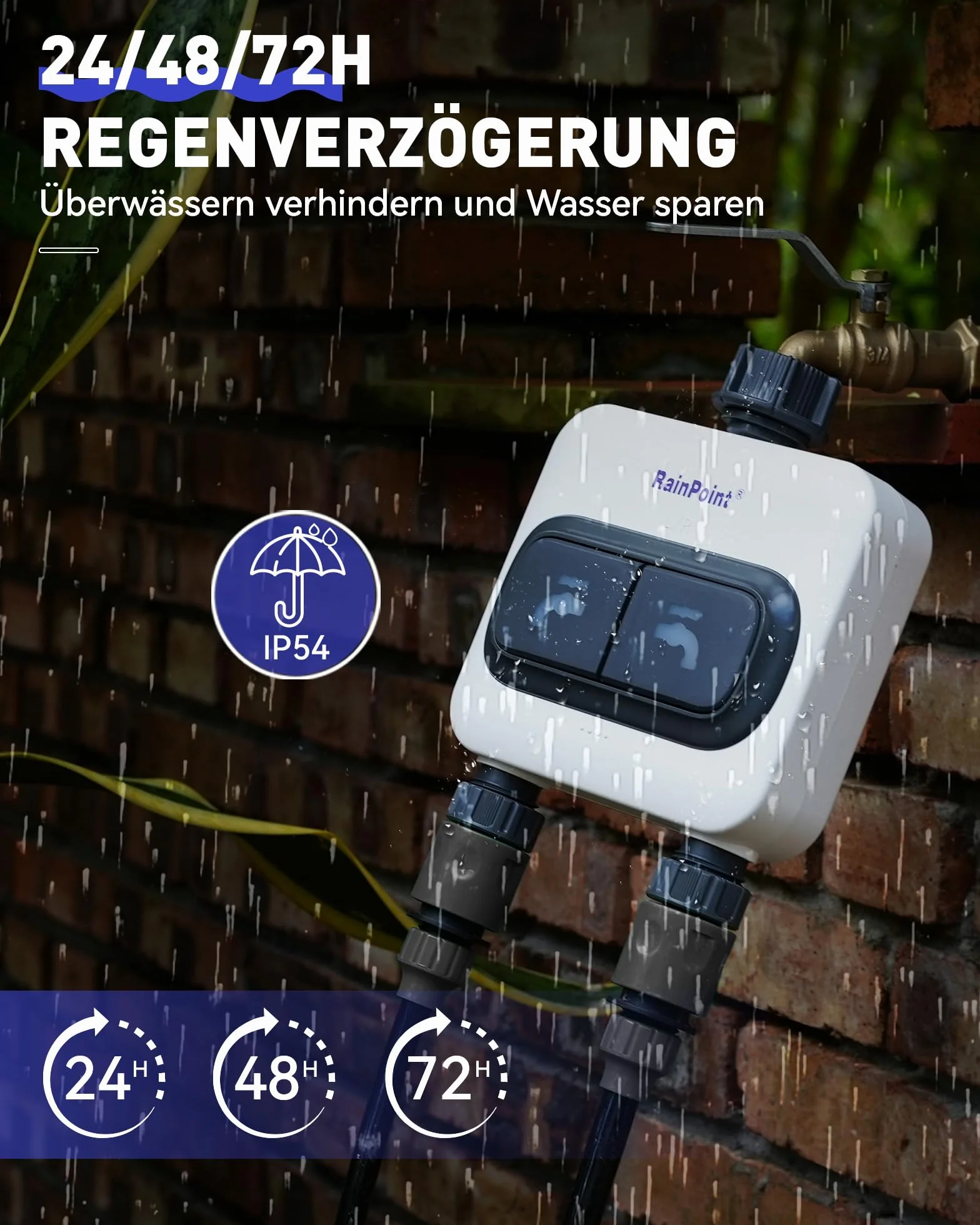 RAINPOINT Komputer nawadniający WLAN, 2 wyjścia 2,4 GHz z koncentratorem Wi-Fi, inteligentny zegar nawadniający z aplikacją/sterowaniem głosem, do automatycznego nawadniania ogrodów i trawników