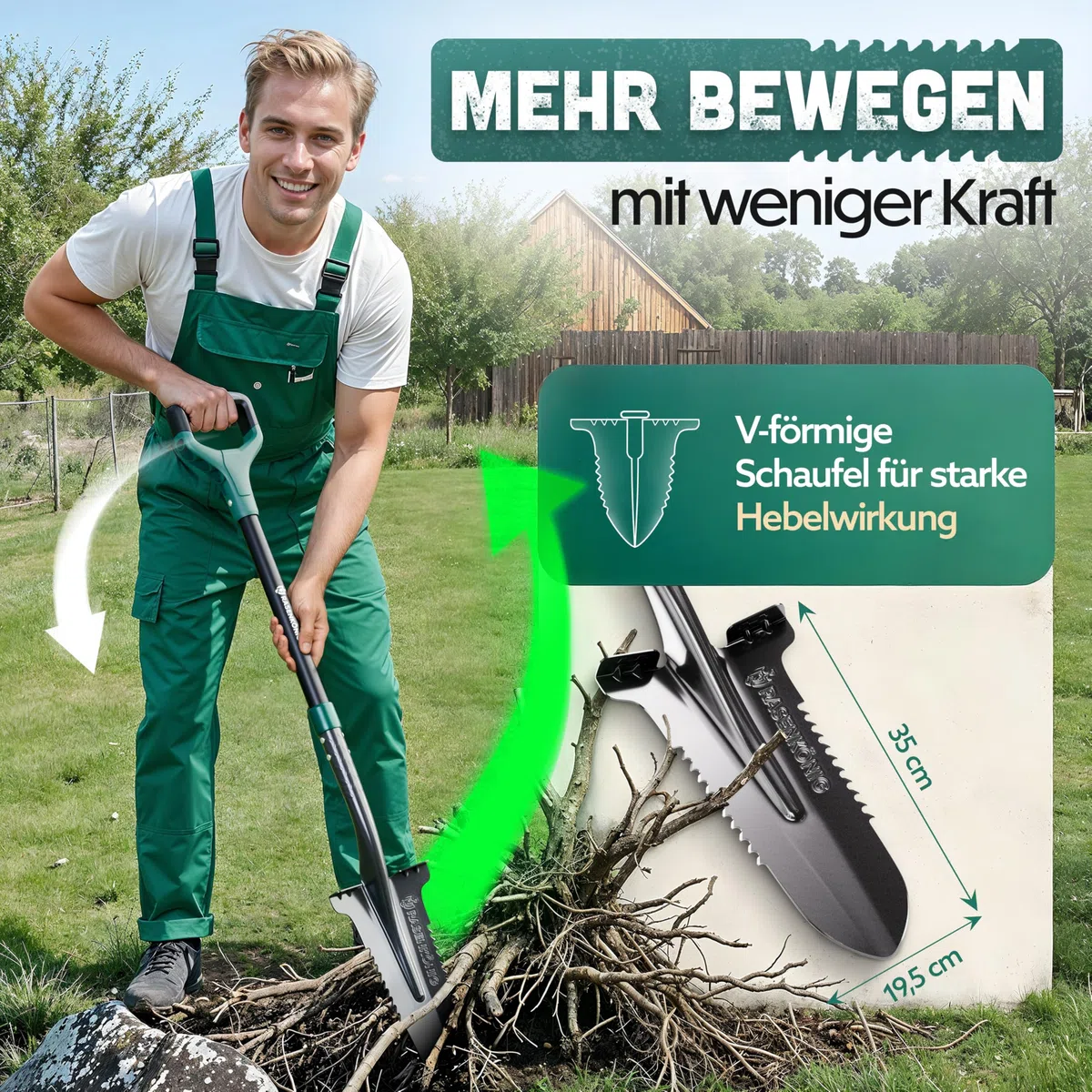 łopata Pro z piłą korzeniową, zwycięzca testu, łopata do marchwi do ogrodnictwa, z 20 zębami piły, ergonomicznym uchwytem i szerokim krawędzią kroczącą, stabilna łopata ogrodowa dla