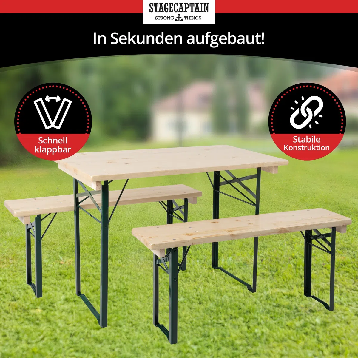 Stagecaptain BBEU-110NT zestaw do namiotu piwnego na balkon – wersja krótka o długości 110 cm – składany zestaw do namiotu biesiadnego, 2 x stół 4 x ławka – zestaw mebli do siedzenia z drewna – do