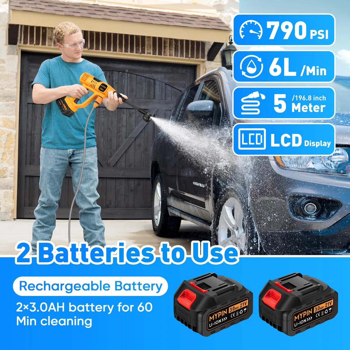 MYPIN Ulepszony wyświetlacz LCD, przenośny, bezprzewodowy środek czyszczący, 790 psi, 21 V, 2 baterie, dysza 6 w 1, do czyszczenia podłóg, ścian, ogrodzenia, 9 regulowanych trybów ciśnienia