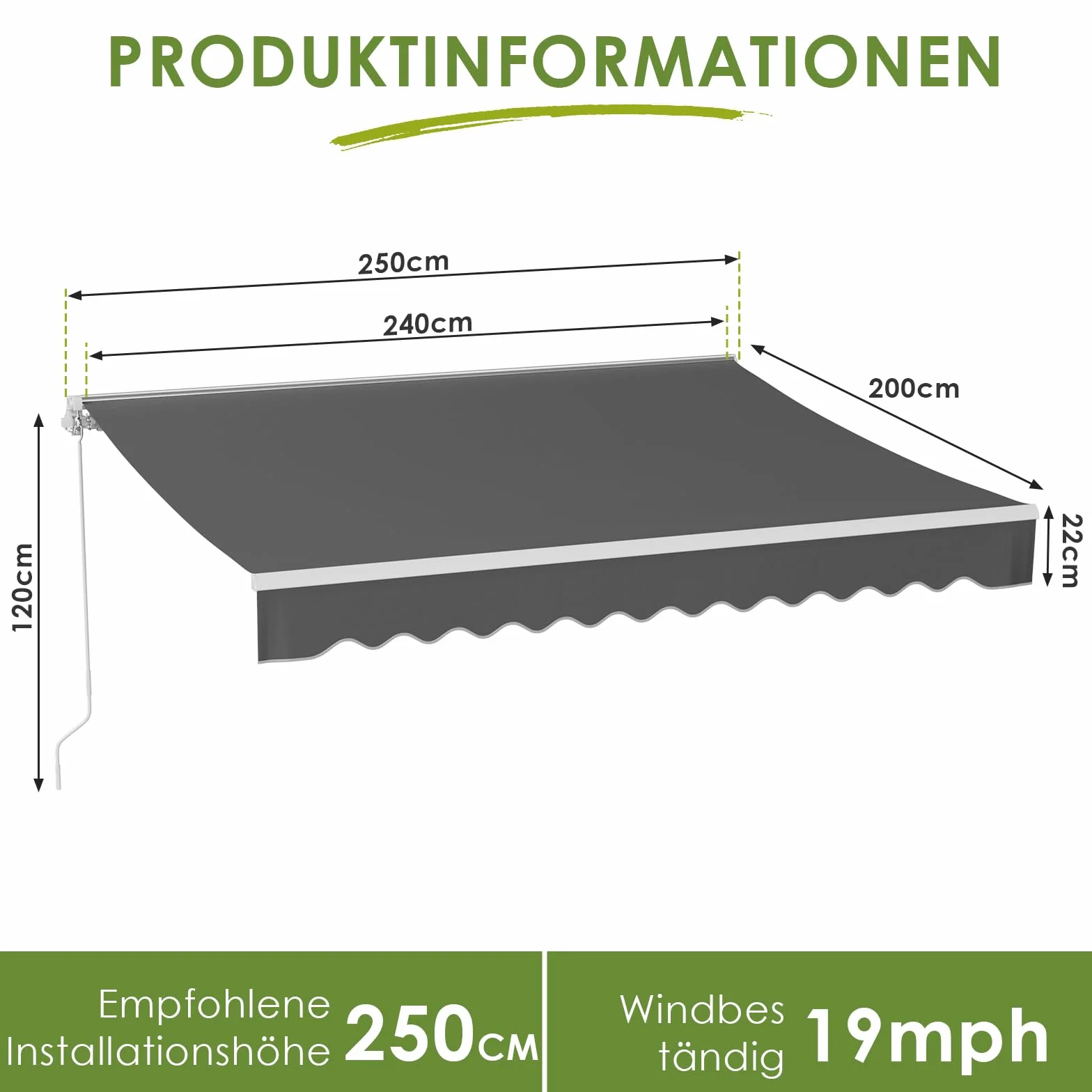 Markiza przegubowa 250x200 cm uchwyt ścienny korbka ręczna wodoodporna aluminium poliester taras balkon