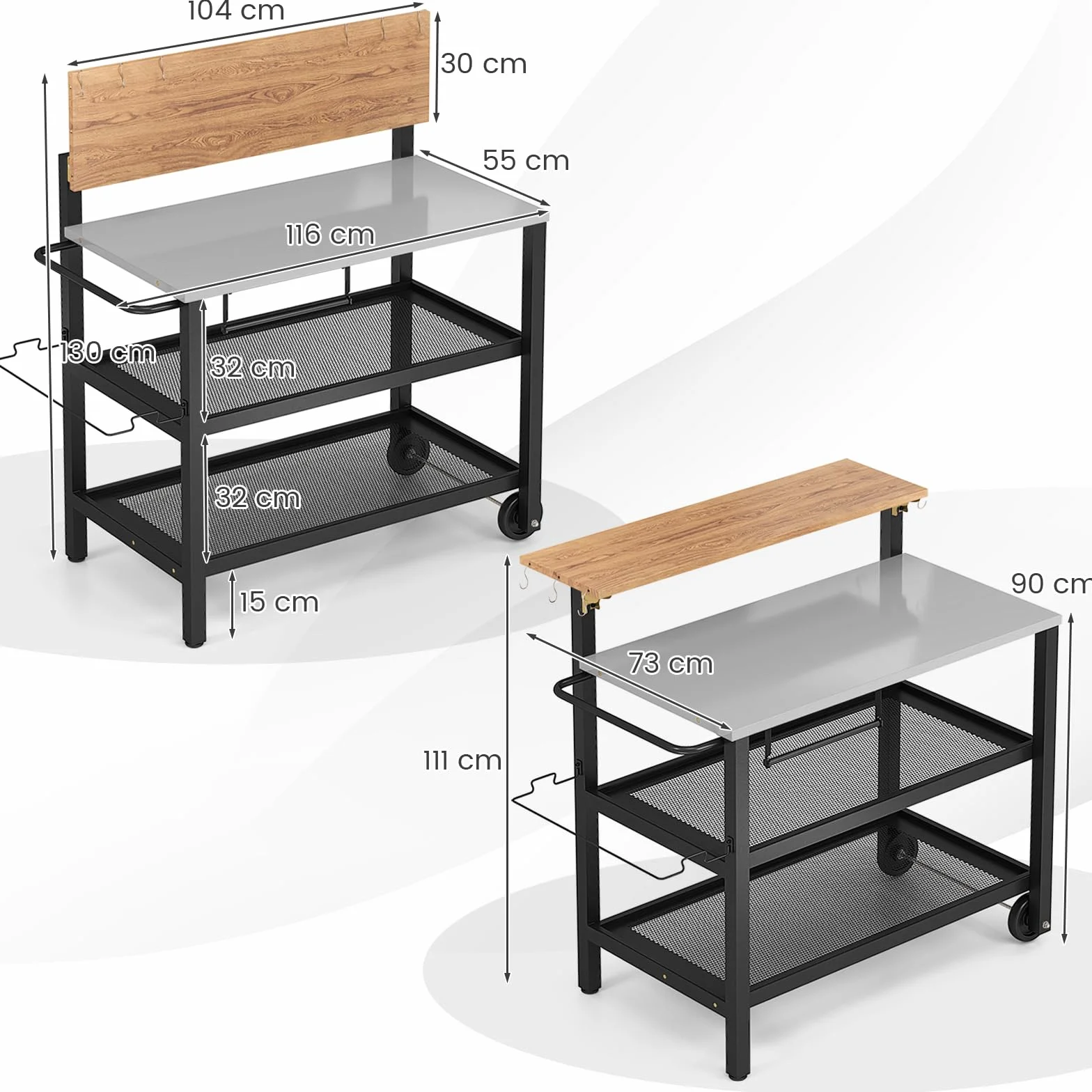 GIANTEX Wózek grillowy, 4 poziomy, wózek do serwowania na zewnątrz, stół do grillowania z rozkładanym blatem górnym, wózek kuchenny na kółkach, wózek do grillowania z uchwytem na worek na śmieci