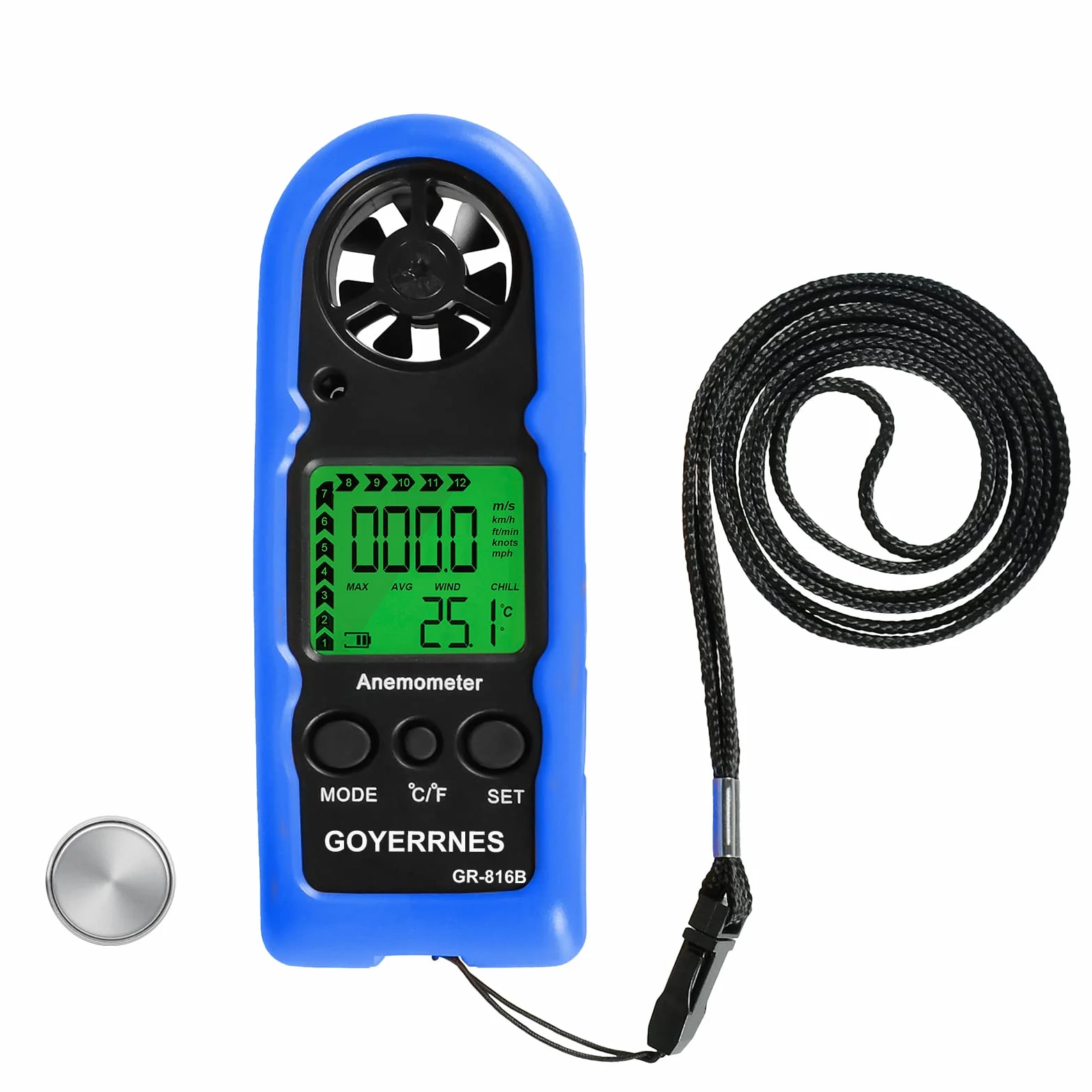 Anemometr GR-816B cyfrowy z prędkością wiatru 0,3-30 m/s, pomiar prędkości nawiewu/temperatury (℃/℉) do strzelania, windsurfingu, wędkowania, polowania
