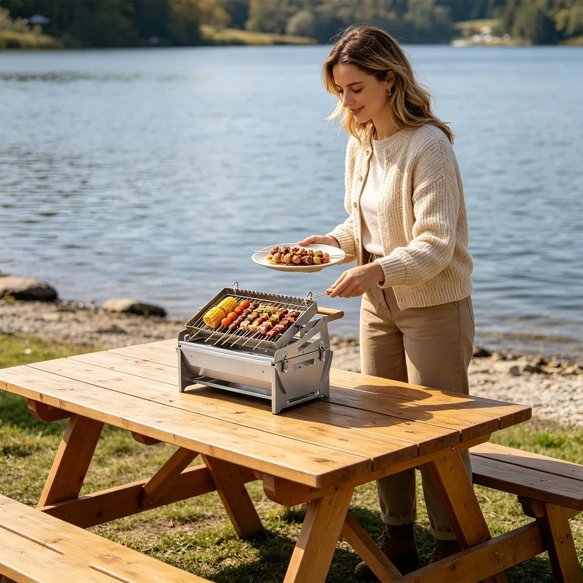 Grill obrotowy grill ze stali nierdzewnej 360° obrotowy | Przenośny grill do pieczenia na piknik, ogród, patio, plażę, imprezy w, podwórko, park