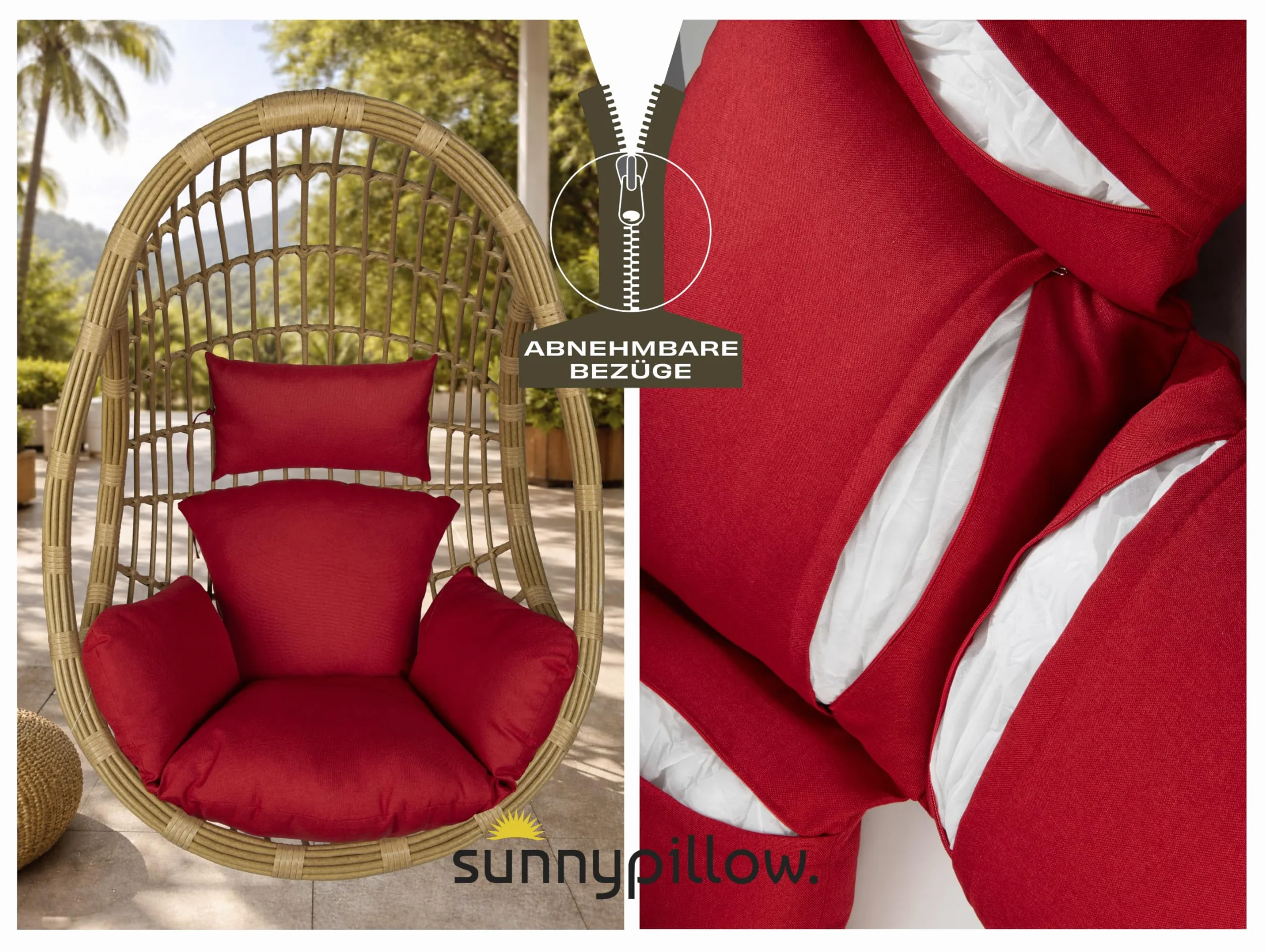 sunnypillow Poduszka do fotela wiszącego – poduszka do huśtawki wiszącej z rattanu i polirattanu – siedzisko kosza wiszącego – grubość 13 cm, odporna na promieniowanie UV, wodoodporna - Czerwona
