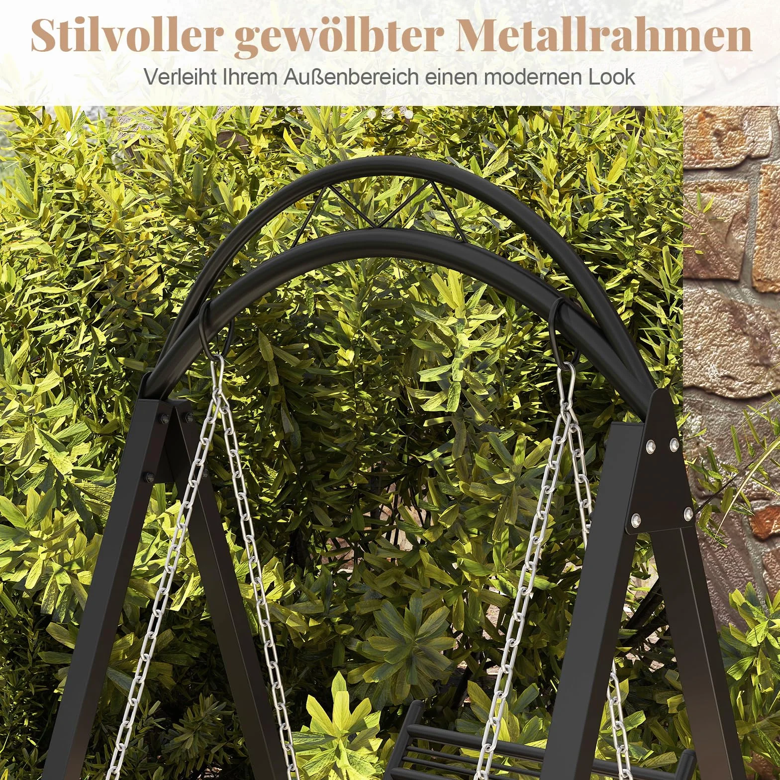 COSTWAY Huśtawka ogrodowa ze stelażem, metalowa huśtawka ogrodowa ze zdejmowanymi poduszkami i stolikami bocznymi, do 160 kg, huśtawka tarasowa, stelaż huśtawki do ogrodu, na balkon, podwórko (czarna)