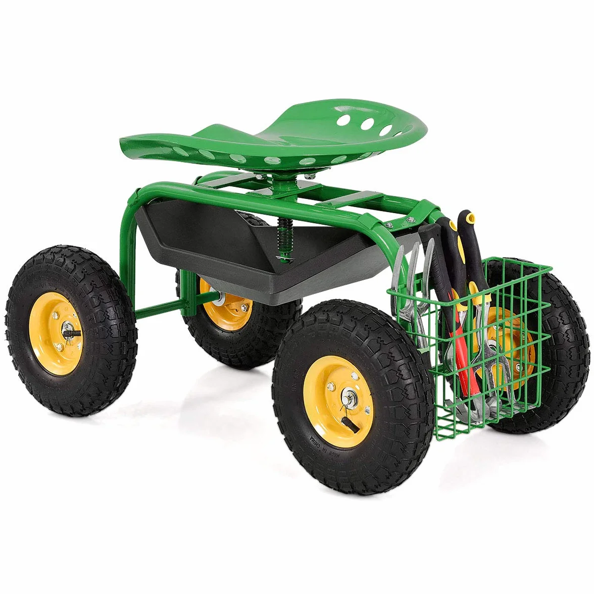 GOPLUS Siedzisko na kółkach do ogrodu, obracane o 360° siedzisko ogrodowe z kółkami i miejscem do przechowywania, regulacja wysokości 46-53 cm, do 130 kg, wózek ogrodowy, siedzisko robocze do prac
