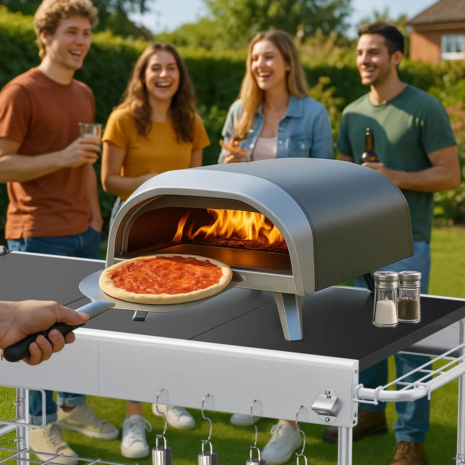 GFTIME Wózek do serwowania grilla z serii Q, Ninja Woodfire, grill stołowy, stół do grillowania z dużą powierzchnią roboczą, wózek do serwowania na zewnątrz, wózek do serwowania, wózek ogrodowy na