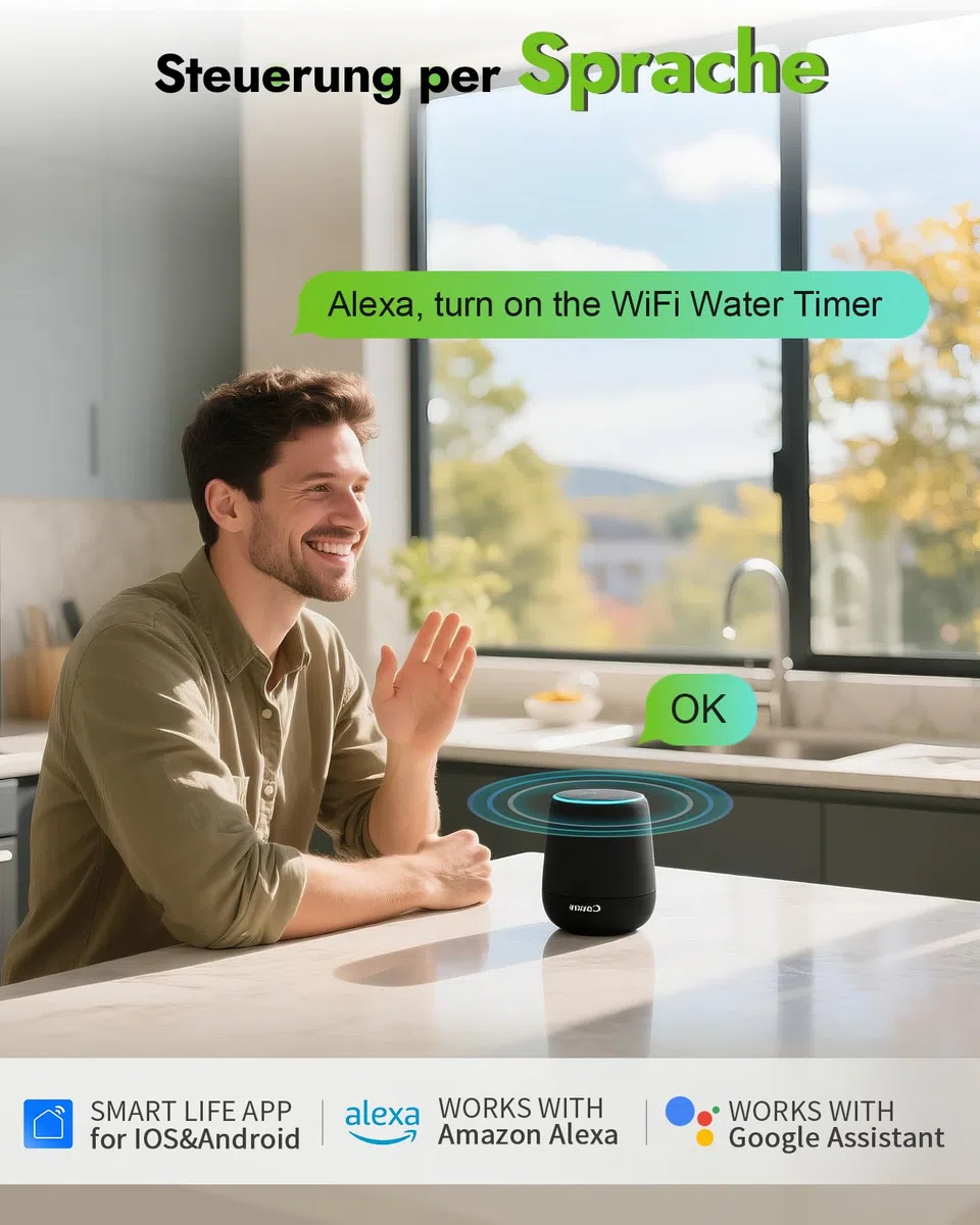 Insoma Timer z wężem WiFi z mosiężnym wejściem i wylotem, inteligentny regulator nawadniania z koncentratorem, regulator nawadniania do węży ogrodowych, sterowanie aplikacją i głosem, kompatybilny z