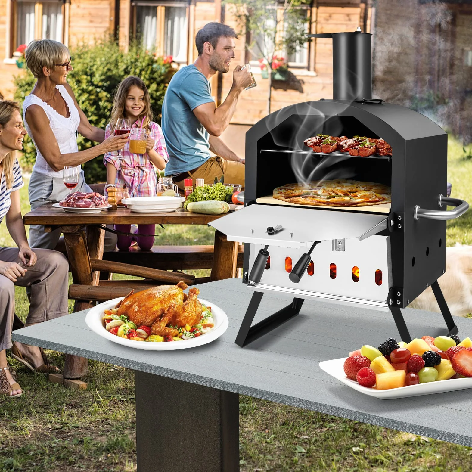 COSTWAY Piec do pizzy na zewnątrz, 2-warstwowy z rusztem grillowym, kamieniem, łopatką i składanymi nogami