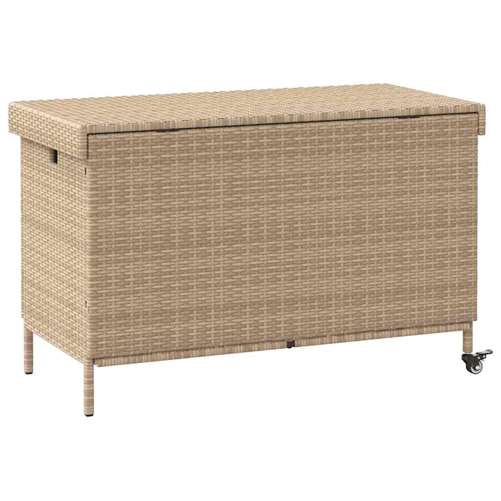 Skrzynia ogrodowa na kółkach, beżowa, 110 x 55 x 73 cm, polirattan, wodoodporna, do przechowywania, skrzynia ogrodowa, na taras, balkon