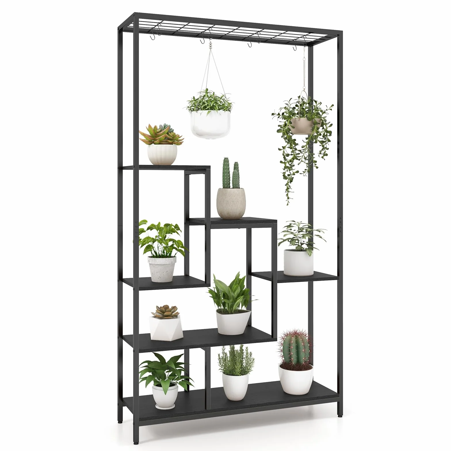 COSTWAY Stojak na rośliny 6 poziomów 180 cm metalowy regał na kwiaty z haczykami S czarny