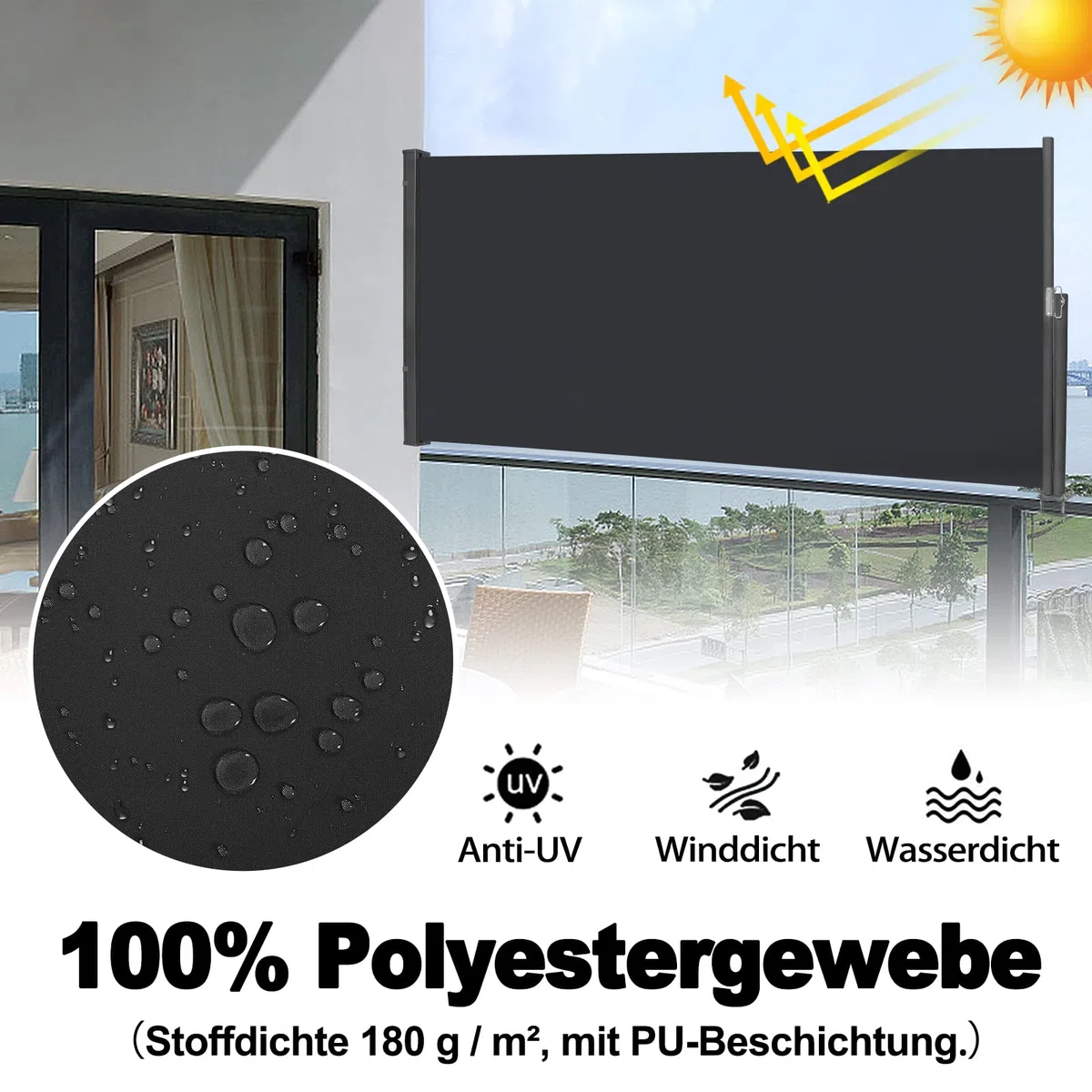 YRHome Markiza boczna, wysuwana, 120 x 300 cm, ochrona przed wzrokiem, nieprzejrzysta, ochrona przed wiatrem, ochrona przed spojrzeniami i wiatrem, markiza na ścianę boczną, na balkon, do ogrodu, na