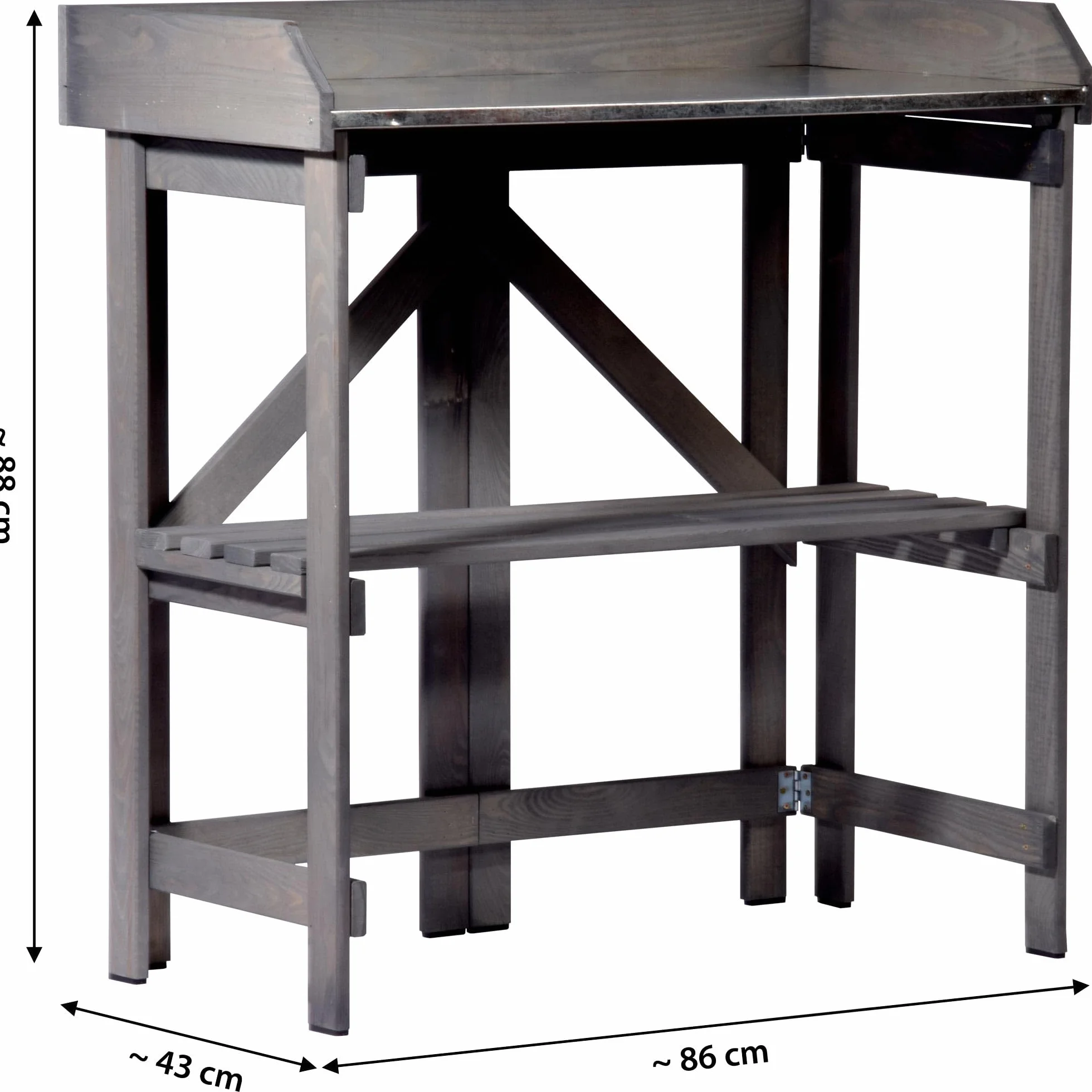 dobar® Składany stół ogrodniczy z litego drewna z płytą cynkową 85 x 44 x 89 cm antracytowy