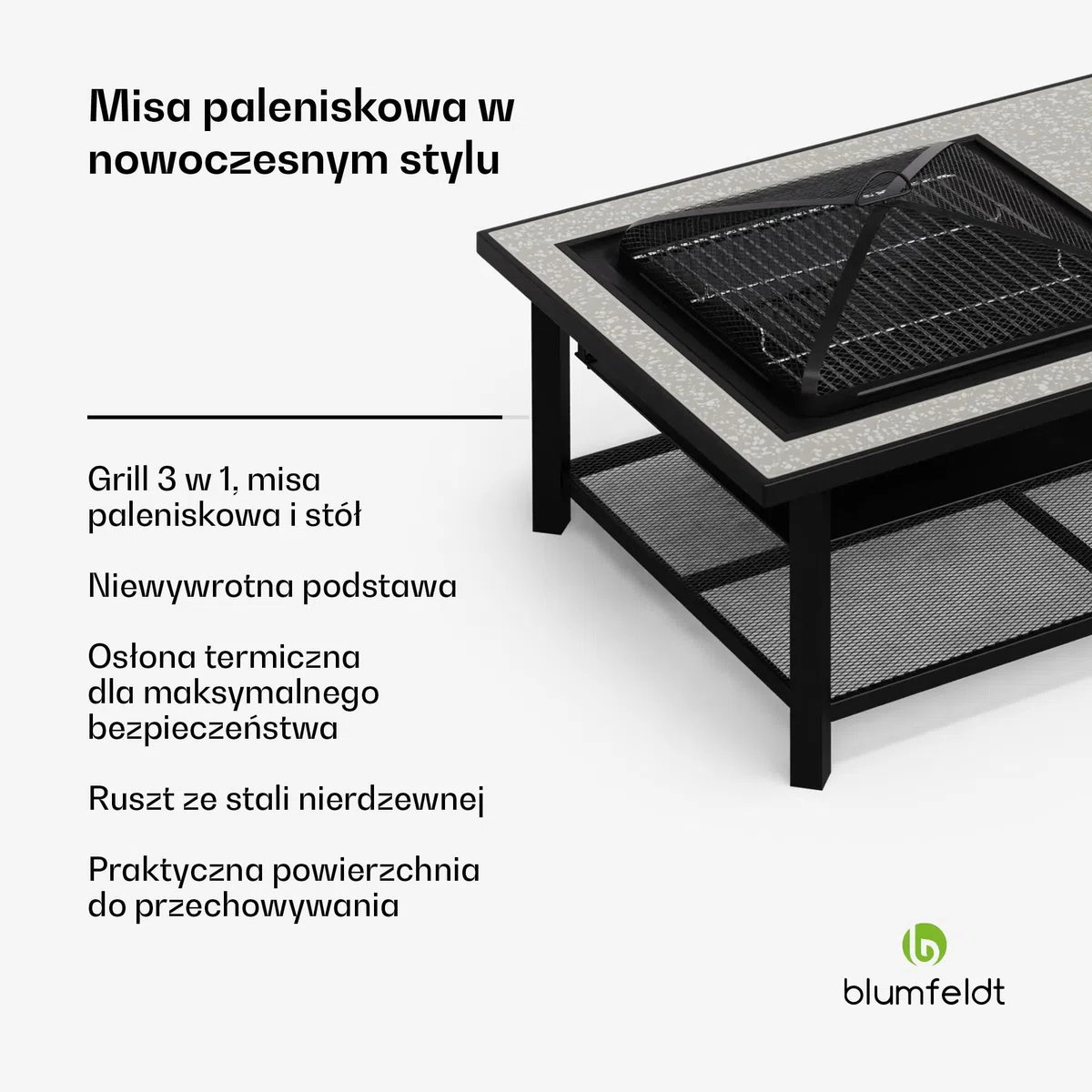 Blumfeldt Merano Avanzato L palenisko 3 w 1 z rusztem do grillowania i stołem, wytrzymała rama stalowa, blat stołu z terrazzo, w zestawie ochrona przed iskrami, pogrzebaczem i pokrywą, do ogrodu i na