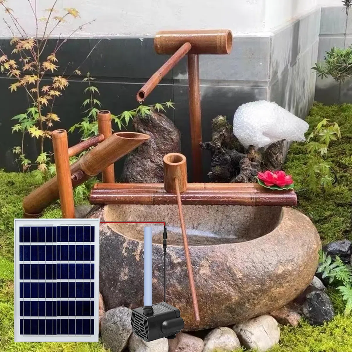 Solarna bambusowa fontanna wodna do ogrodu, drewniana funkcja na zewnątrz, z pompką, bambusowymi tratwami i łyżkami, dekoracja wodna do samodzielnego wykonania na spokojne podwórko