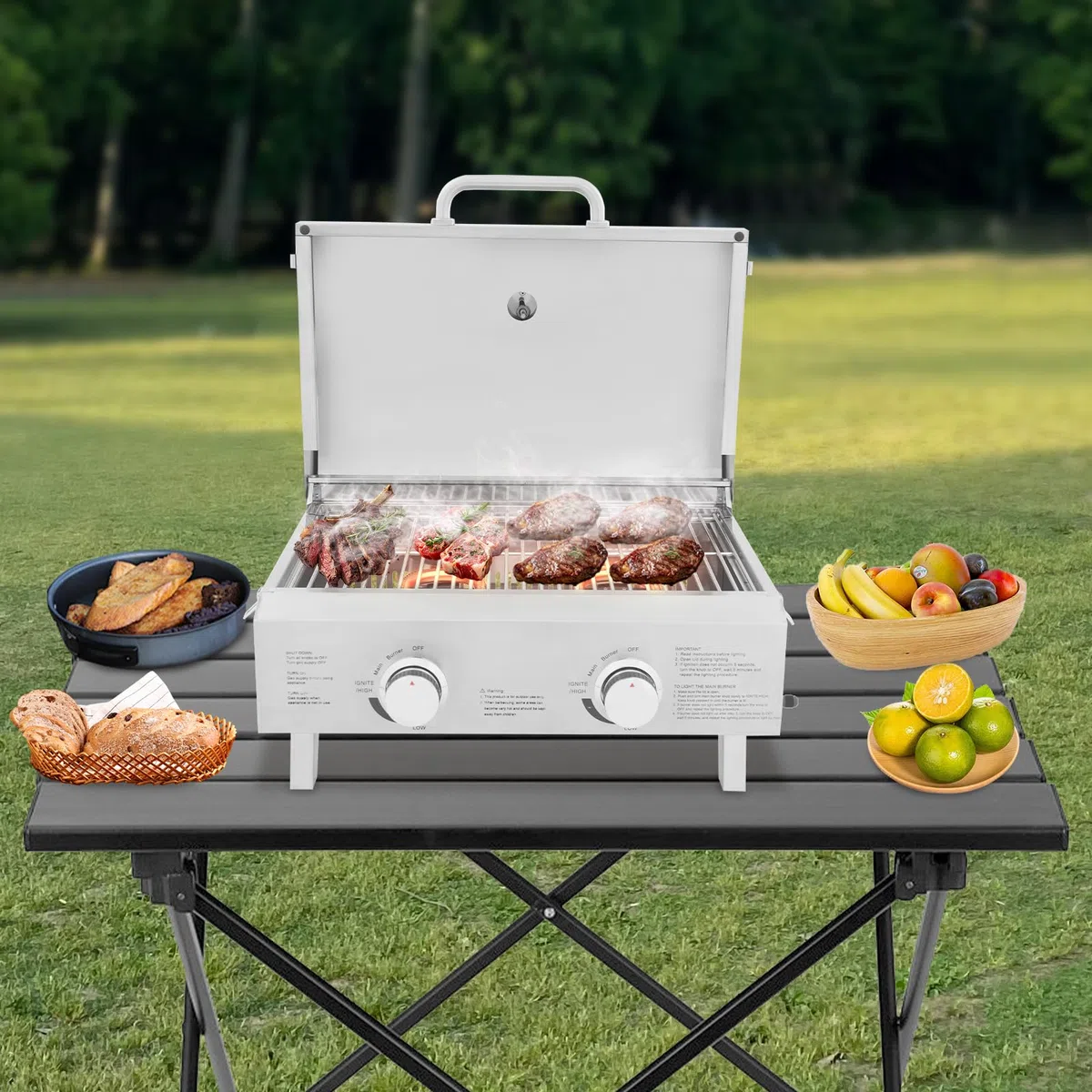 Gastro grill gazowy, grill gazowy, do pieczenia kiełbasy, stołowy, grill gazowy z 2 palnikami – ruszt do grillowania ze stali nierdzewnej 55 x 45 cm, składany i przenośny, w zestawie kamień do pizzy i