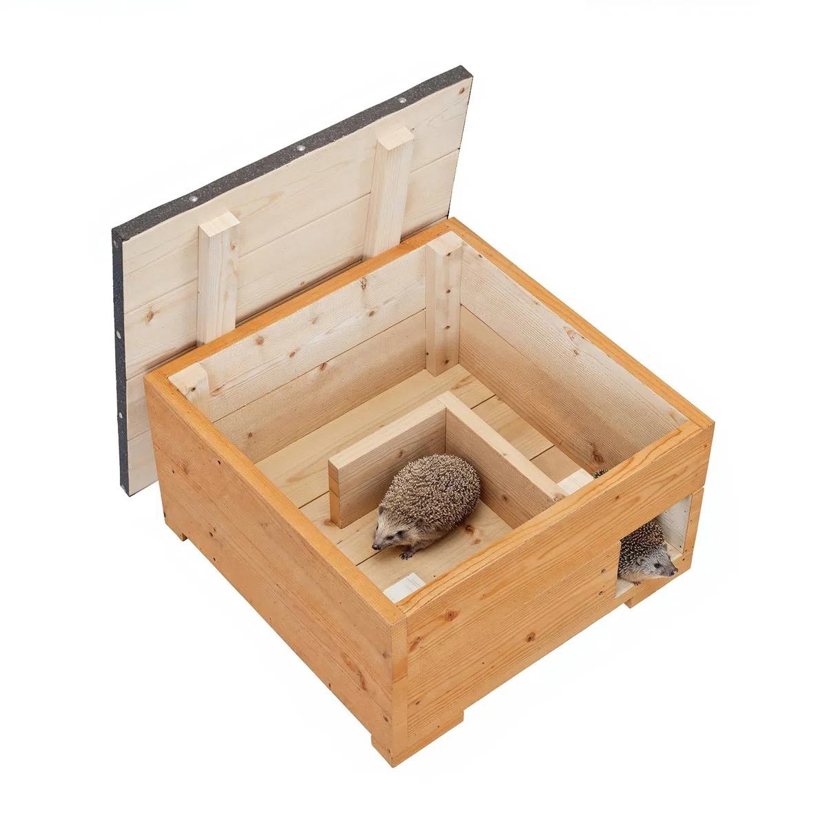 QLS Drewniany domek dla jeża 45 x 45 cm z dachem naturalny | Impregnowana konstrukcja z desek 2 cm, wysokość 27 cm, wejście 11 x 11 cm. Bezpieczne schronienie