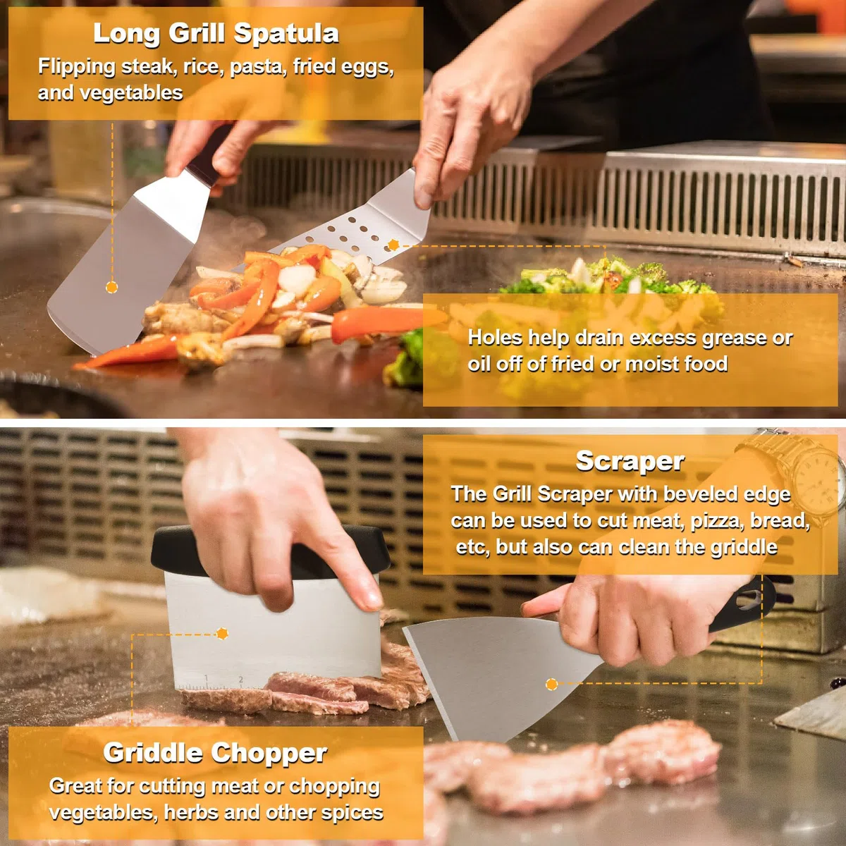 Terlulu Zestaw akcesoriów do grilla, 28 szt., płaskie akcesoria do grilla Blackstone i Camp Chef, zestaw metalowych szpatułek z prasą do burgerów, kopułą do topienia, szczypcami, skrobakiem, torbą do