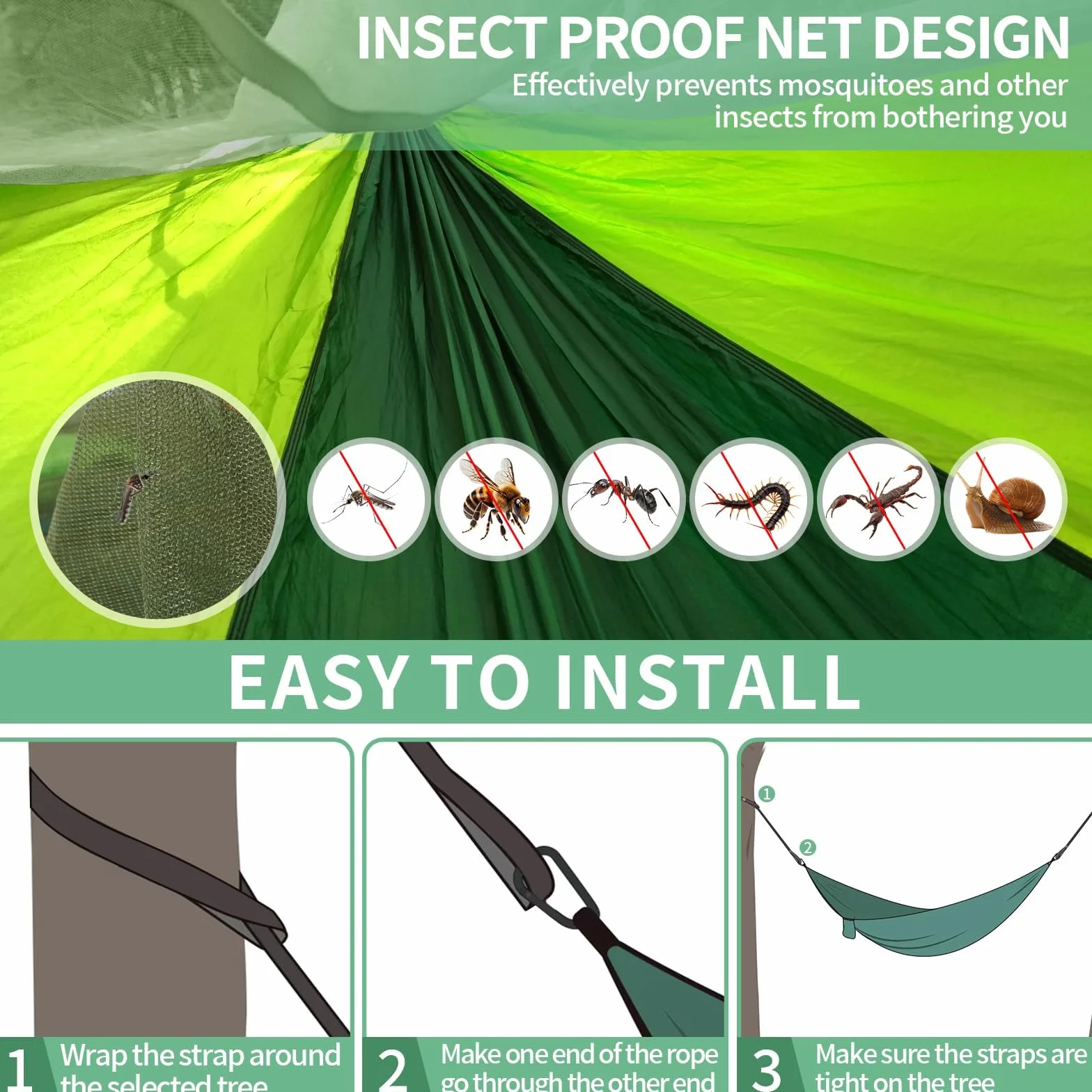 CIRULLI Hamak z moskitierą 260 x 140 cm, nośność 300 kg, ultralekki i wytrzymały, podwójny nylon spadochronowy, hamak outdoorowy, kemping, do ogrodu, w zestawie