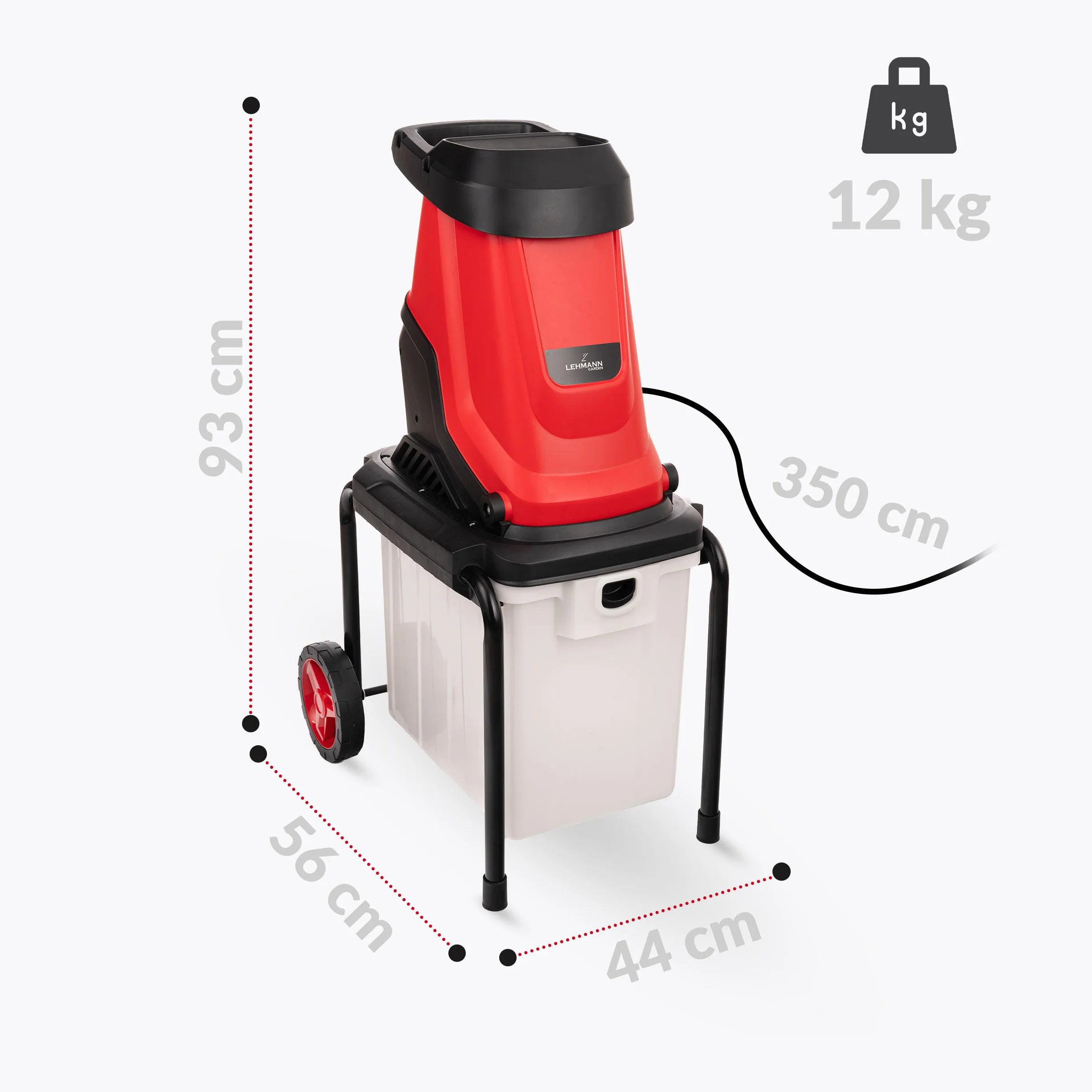 LEHMANN Elektryczny rozdrabniacz do gałęzi, 3000 W, ogrodowy do grubości do 45 mm, rozdrabniacz do liści z wytrzymałym podwoziem, kółkami i pojemnikiem na trawnik 50 l, rozdrabniacz do drewna