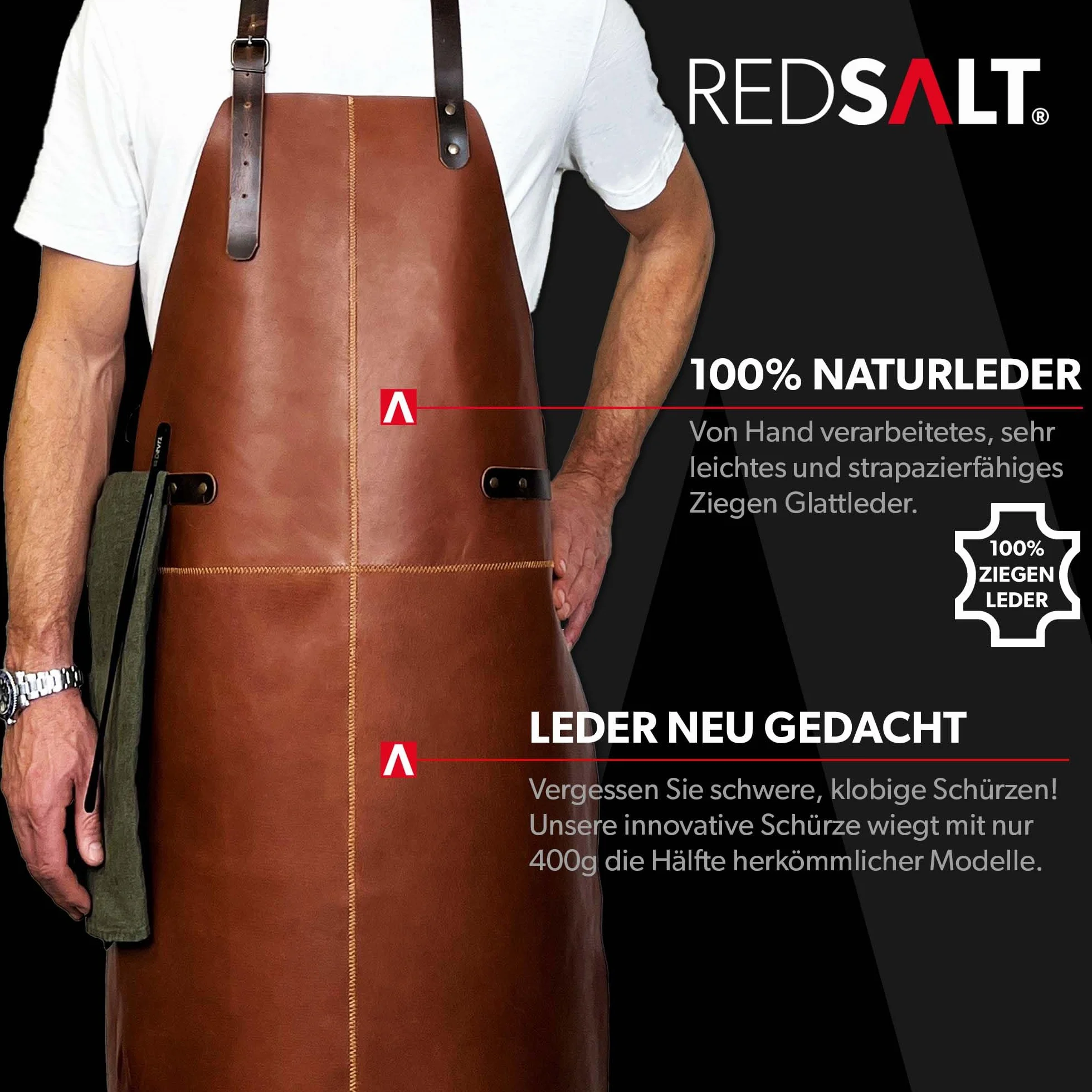 REDSALT® Fartuch skórzany klasy premium, 100% skóra bawola, 84 x 62 cm, profesjonalny fartuch do grillowania | fartuch roboczy do użytku na zewnątrz, do kuchni, gastronomii, baru, baristy; fartuch