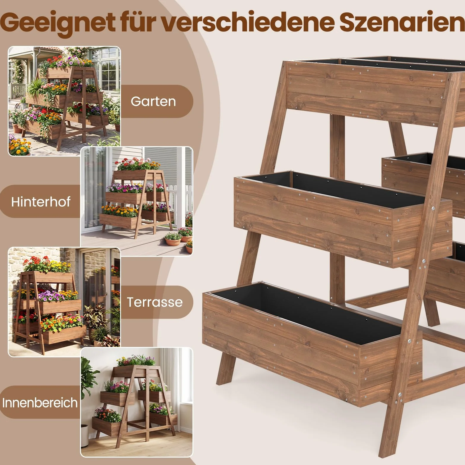 COSTWAY Pionowa podwyższona grządka z 3 poziomami 6 skrzynek drewniana brązowa 126 x 90
