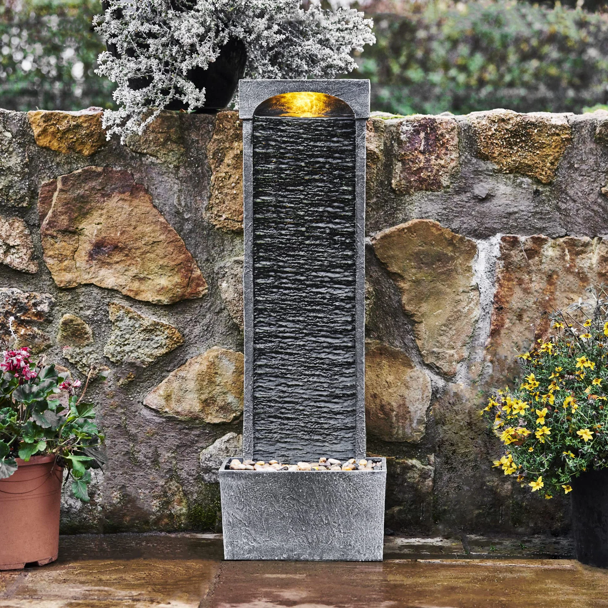 Peaktop Łukowa fontanna wodna, do użytku wewnątrz i na zewnątrz, ogród zimowy, łupek z lampkami, RJ-19048-EU, kolor szary węglowy, 33 x 20 x 98 cm